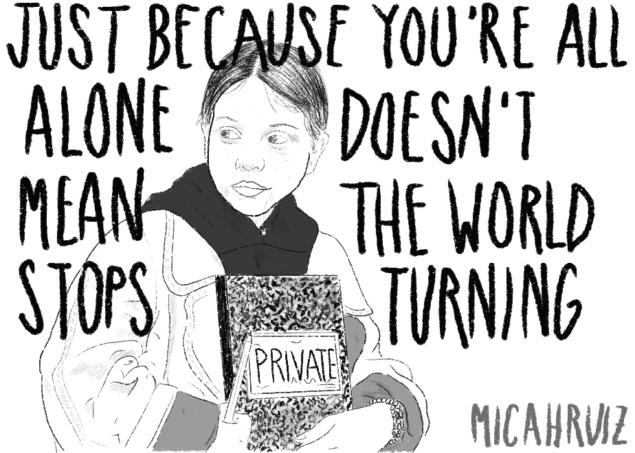 Drawing of a person holding a notebook labeled 'PRIVATE' with text about loneliness and the world turning, signed 'MICARUZ'.