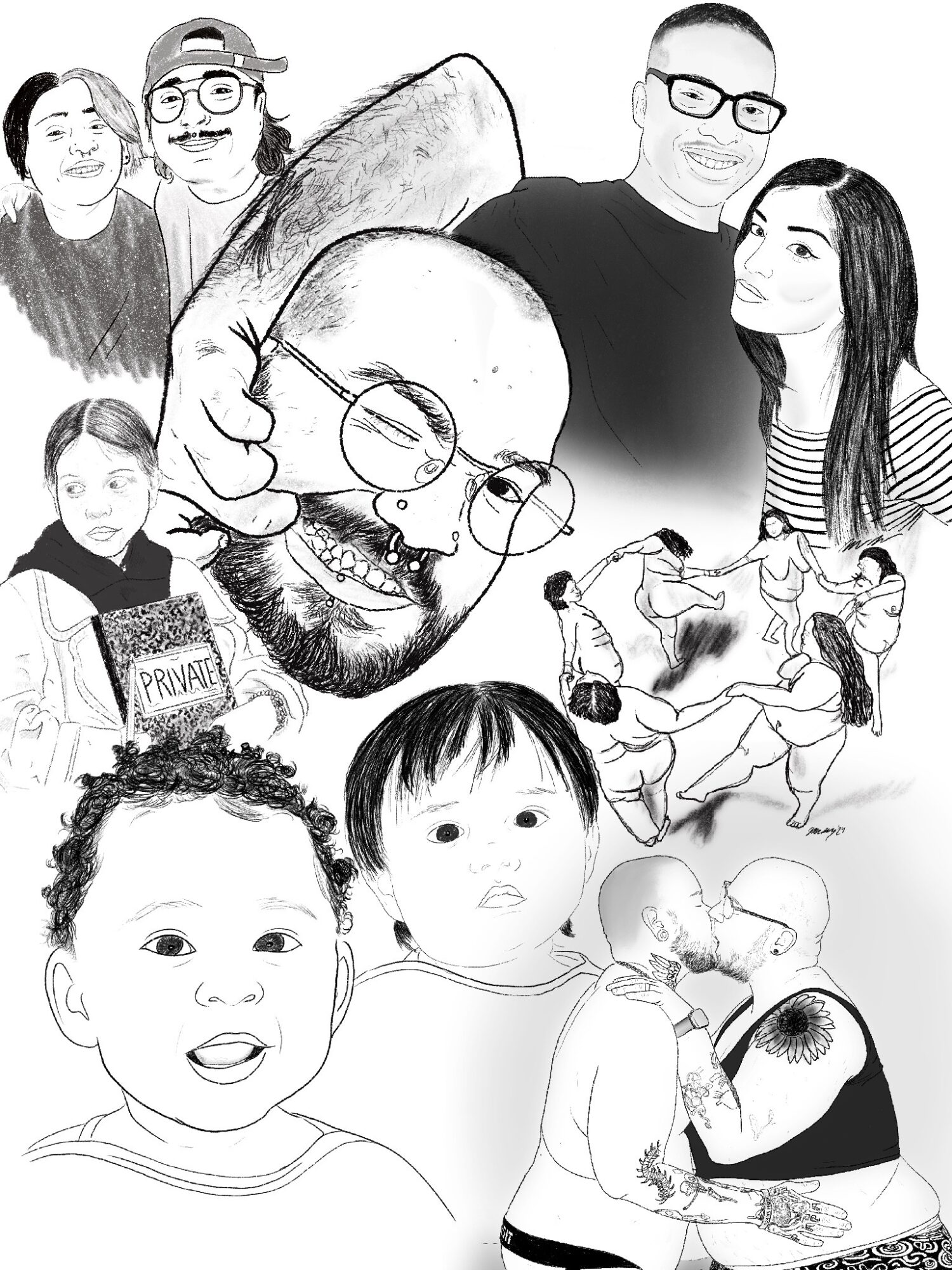 Group of people, some with glasses, some children, and a person with a large head, in a black-and-white sketch style.