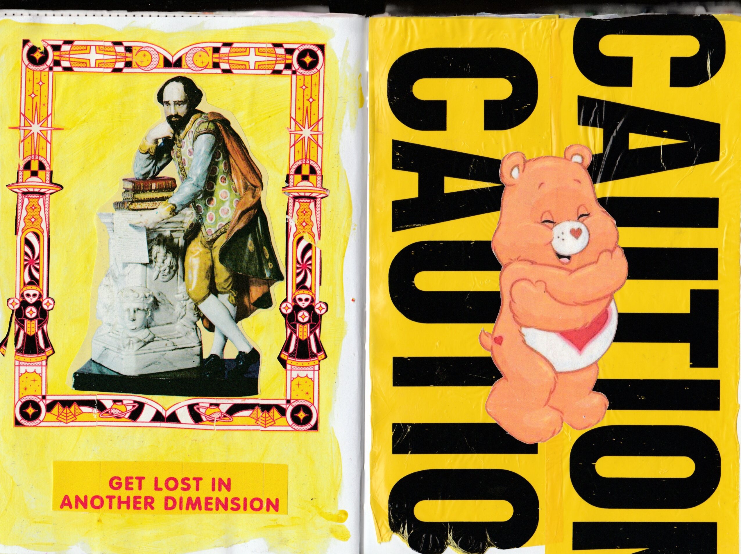 Two pages from a book, one with a man in historical clothing and the other with a cartoon bear, text and colorful borders.