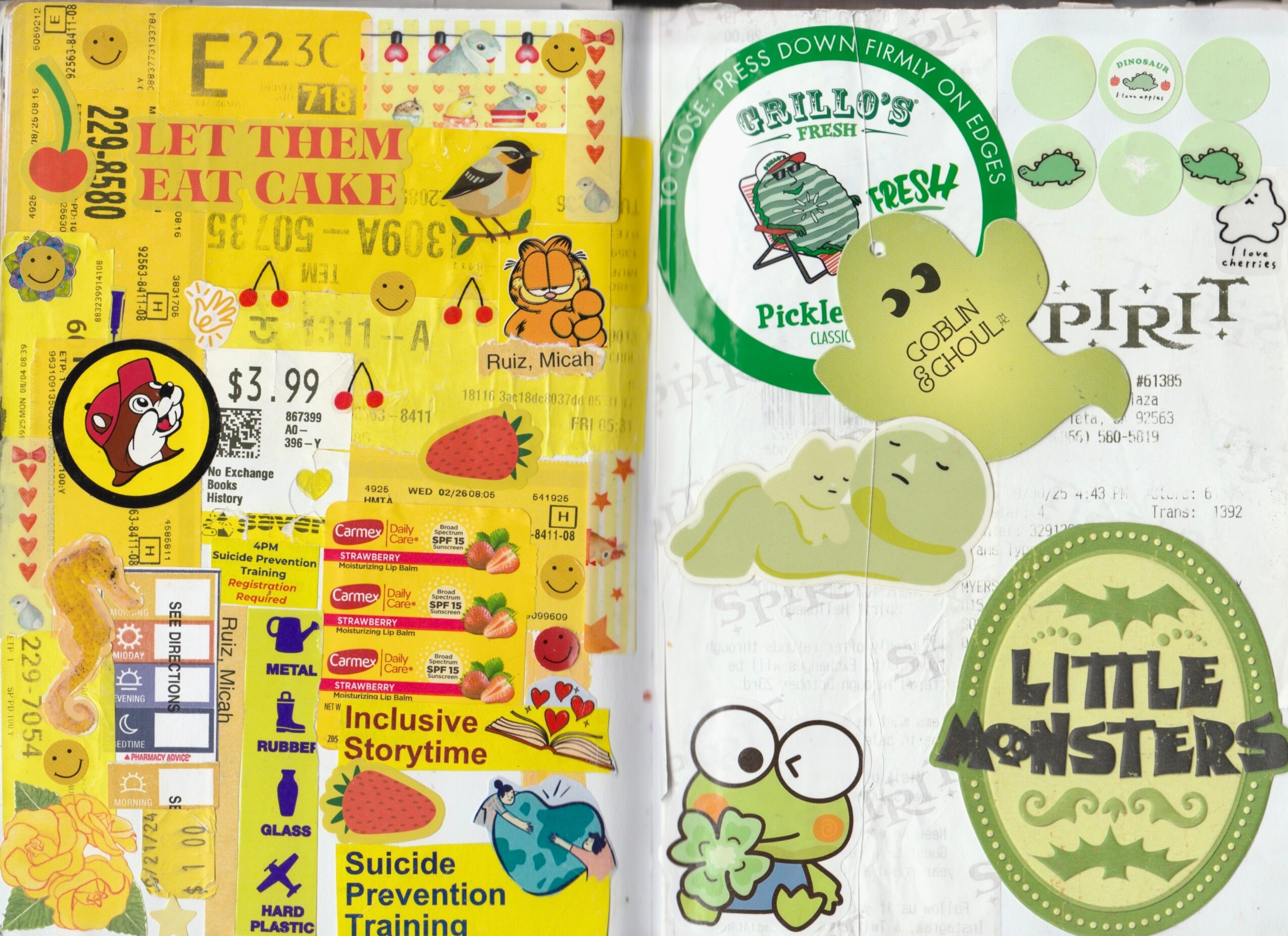 Open children's activity book with colorful stickers, including a frog, a ghost, and a monster, on white pages.