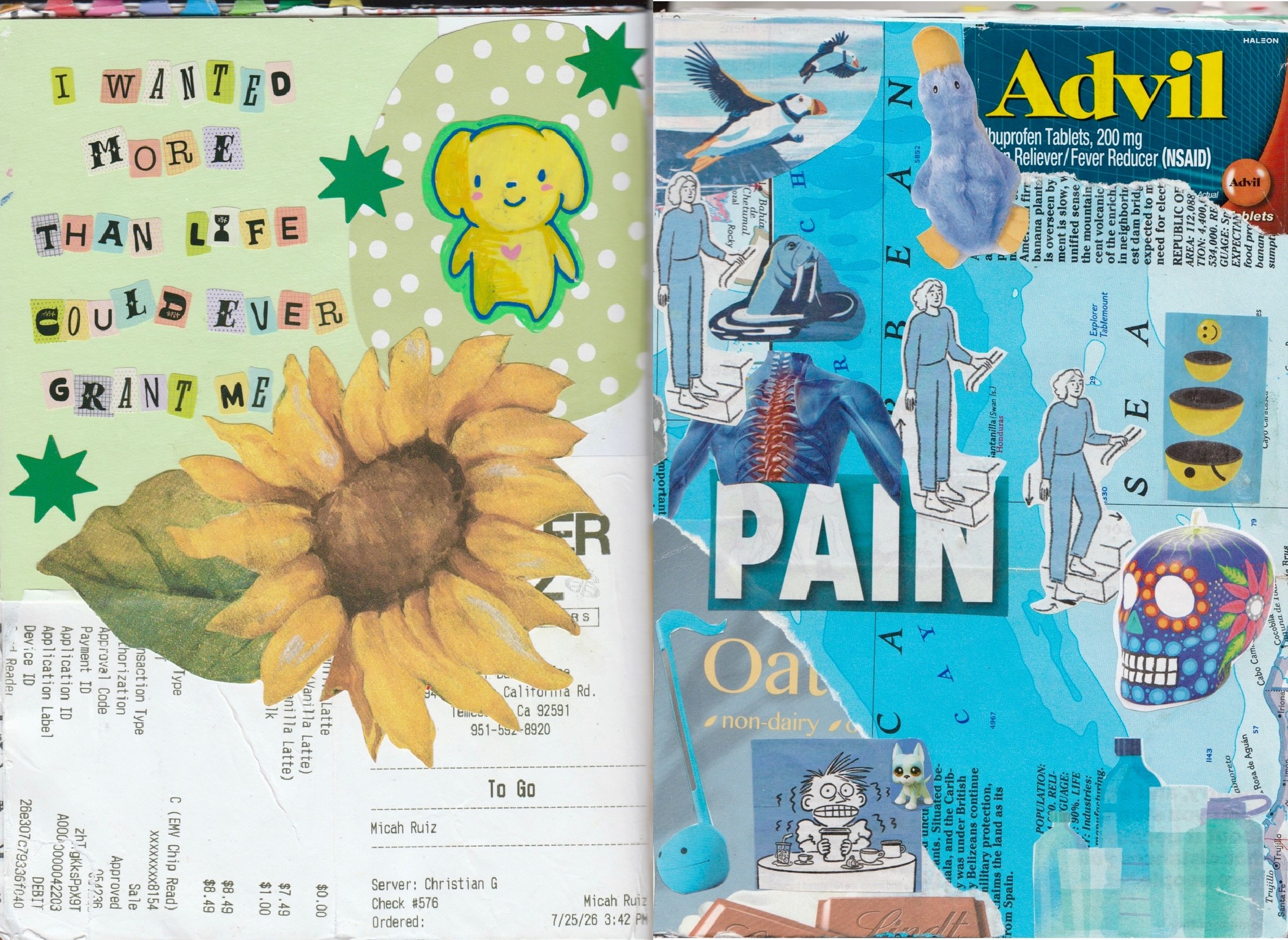 Collage with sunflower, a smiling bear, and colorful text, alongside a blue collage with various objects and illustrations.