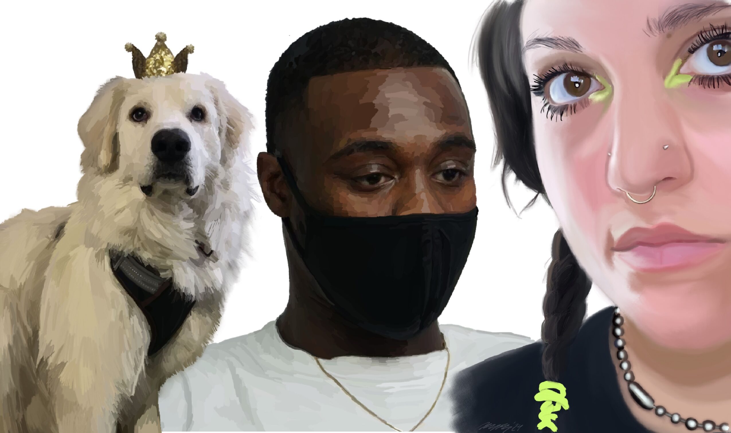 Three people and a dog, one person wearing a black mask, and a woman with colorful makeup, close-up shot.