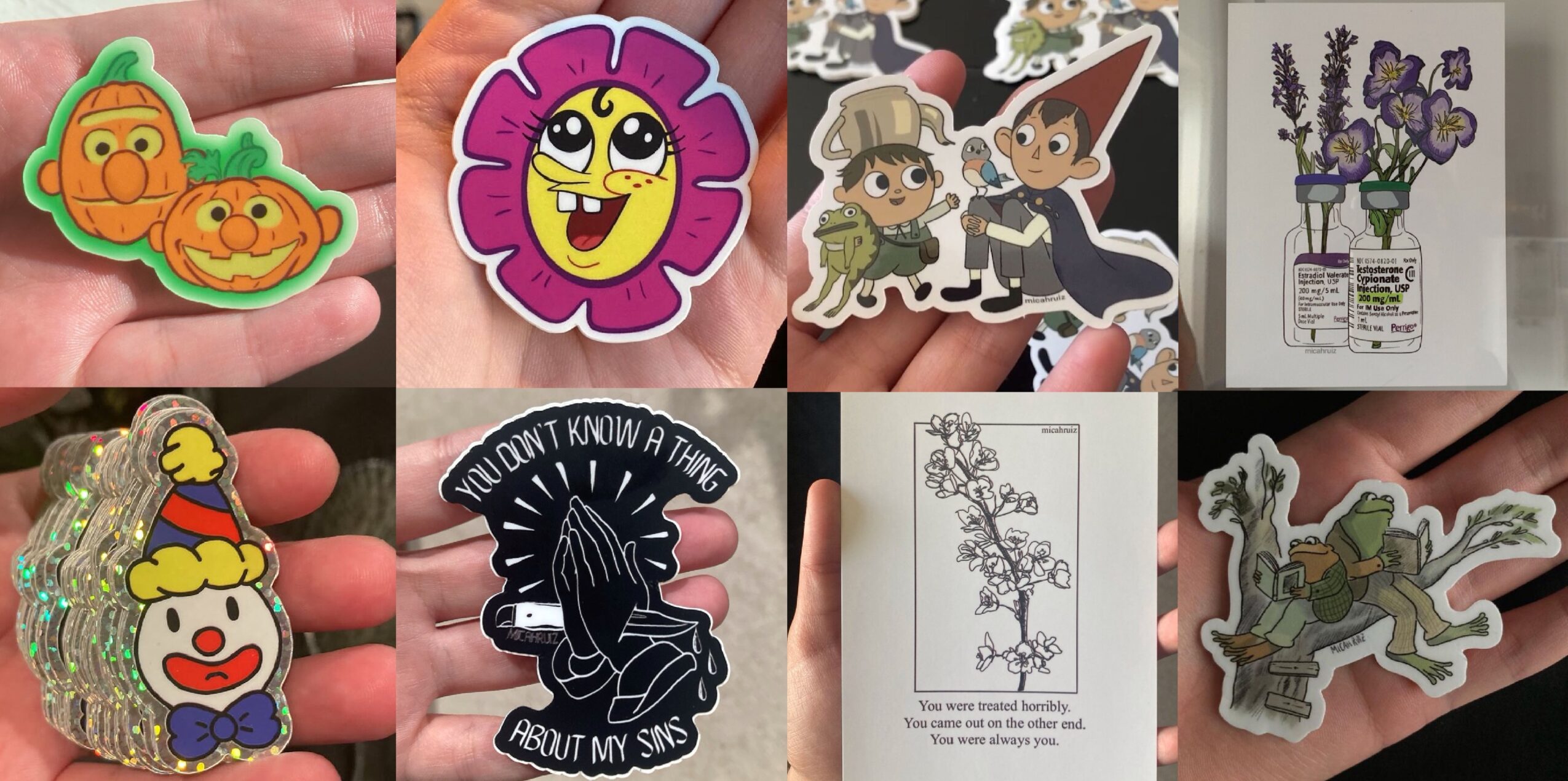 Six stickers featuring various characters and designs, including cartoon faces, animals, and plants, held in hands or displayed on surfaces.
