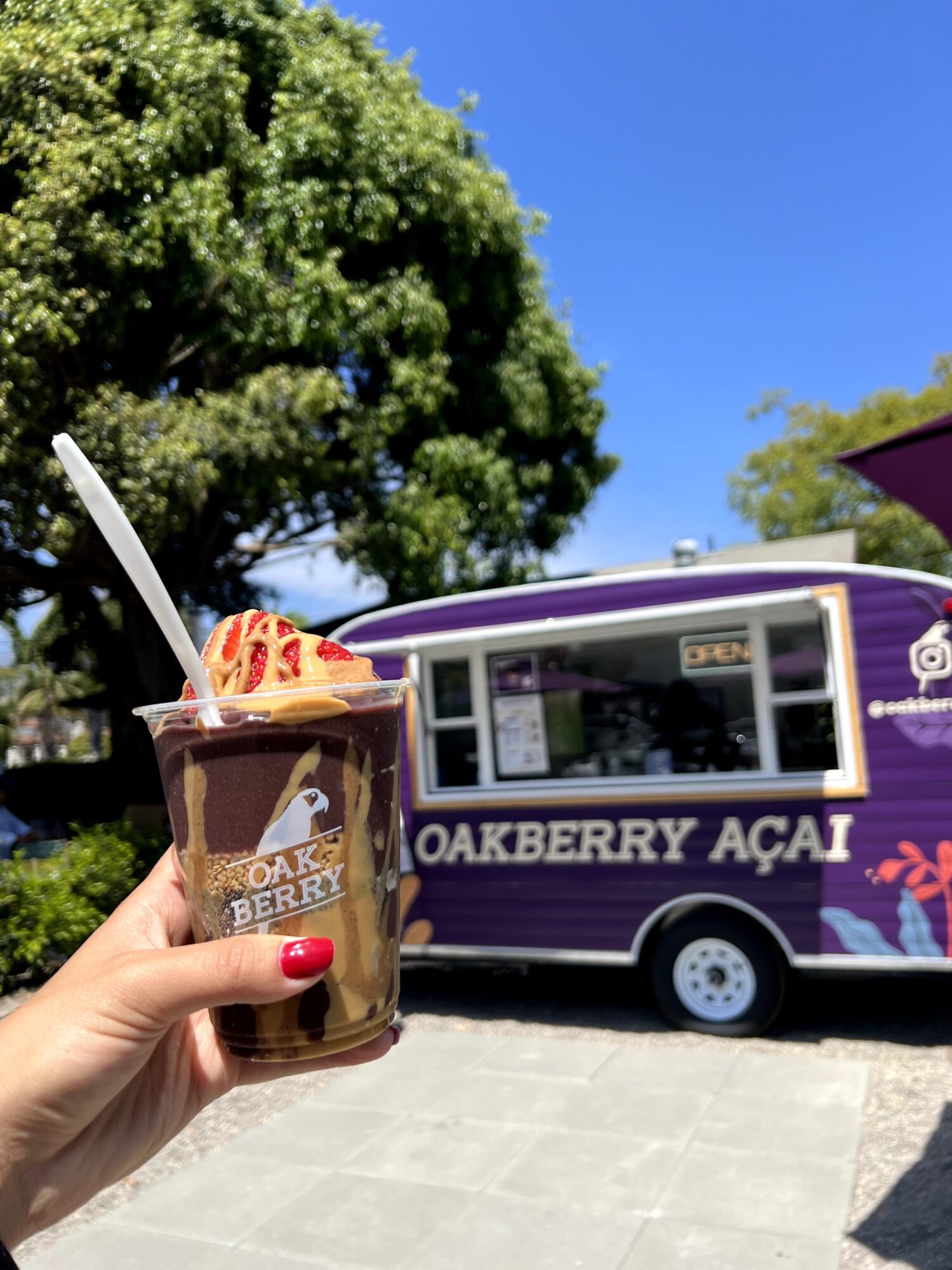 Hand holding a chocolate ice cream with a cherry on top, in front of a purple ice cream truck and green tree.