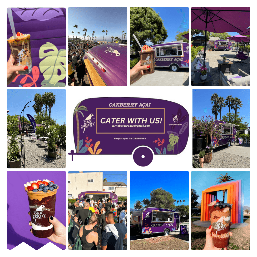Various images of Oakberry Acai food trucks, people, and outdoor seating areas, with drinks and colorful backgrounds.