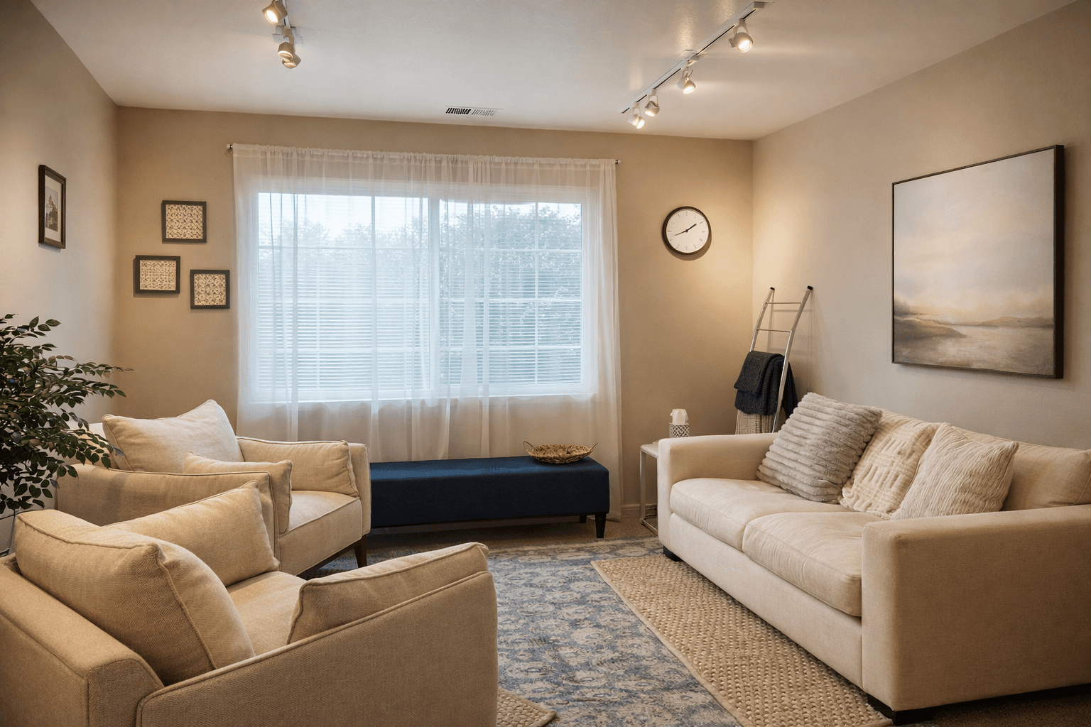 Living room with two sofas, a window with curtains, wall art, a clock, and a bench under the window.