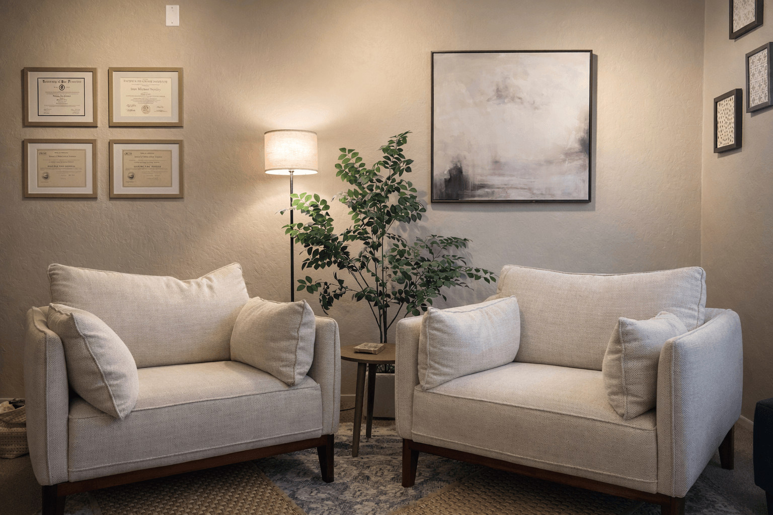 Living room with two white sofas, a potted plant, framed artwork, and a floor lamp, arranged in a cozy setting.