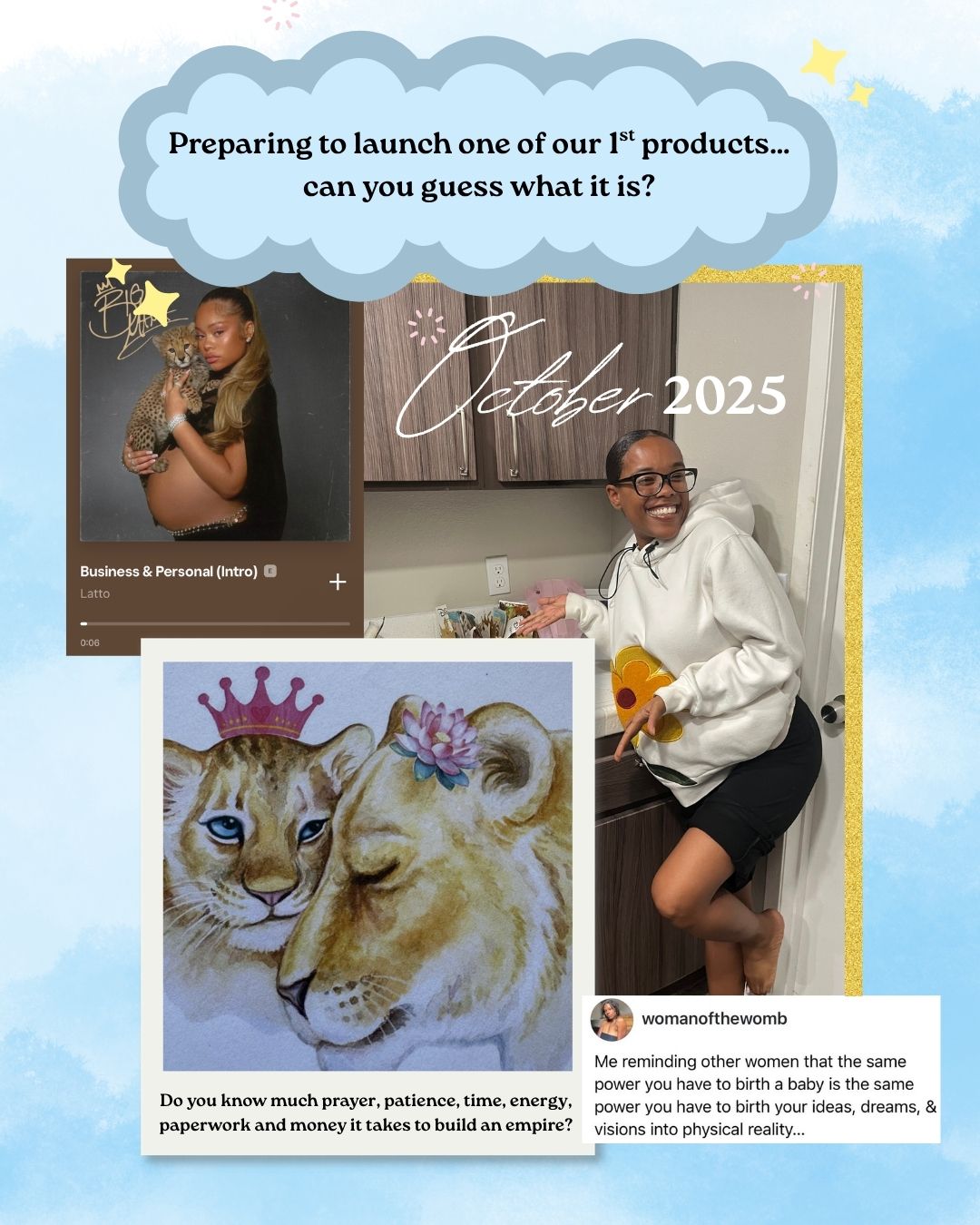 Collage of images with a woman, a lion and tiger, and a person holding a flower, with text about launching a product.
