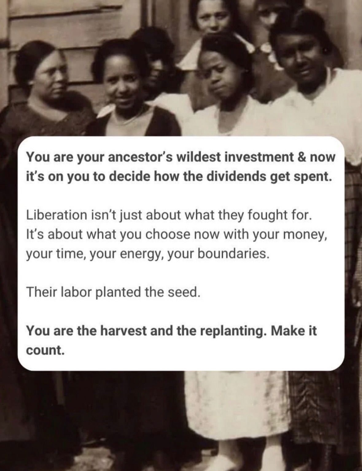 Group of women standing together outdoors, with a quote about investment, growth, and making it count.
