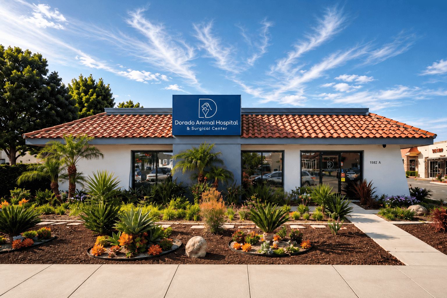 Single-story animal hospital with a red-tiled roof, surrounded by landscaped plants and a sidewalk, under a blue sky with clouds.