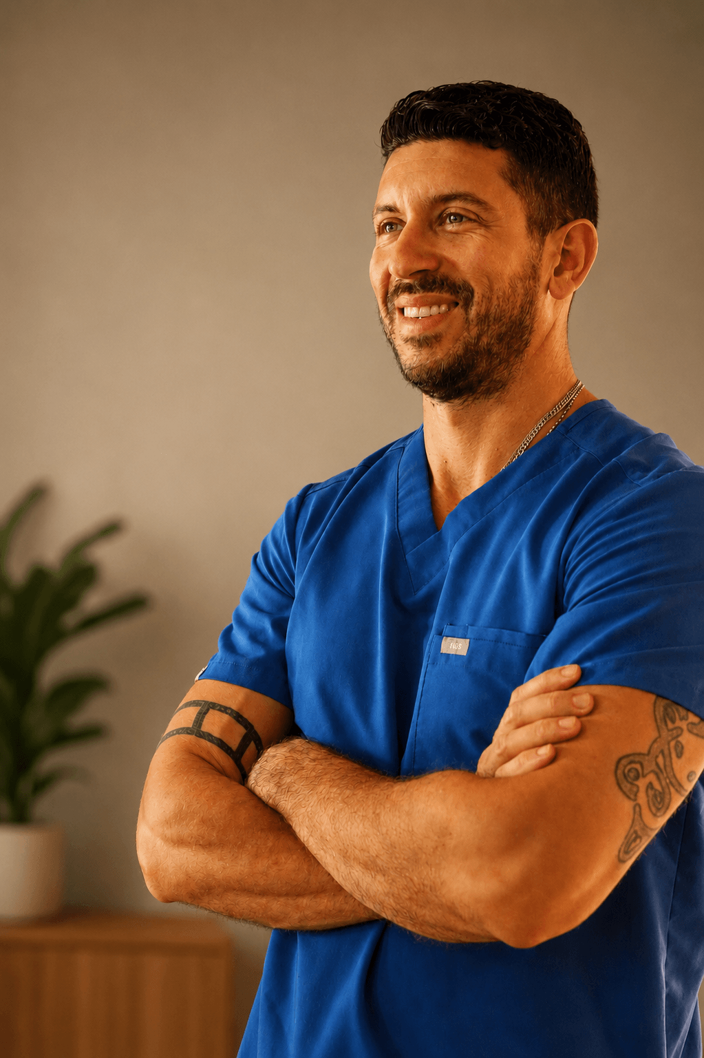Man with short dark hair and beard smiling, wearing blue scrubs, arms crossed, in a room with a plant and neutral background.