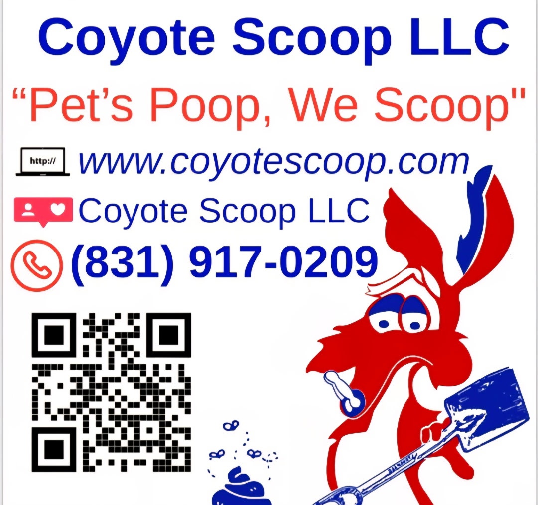 Business card for Coyote Scoop LLC with a cartoon coyote holding a mop, contact info, website, and QR code.