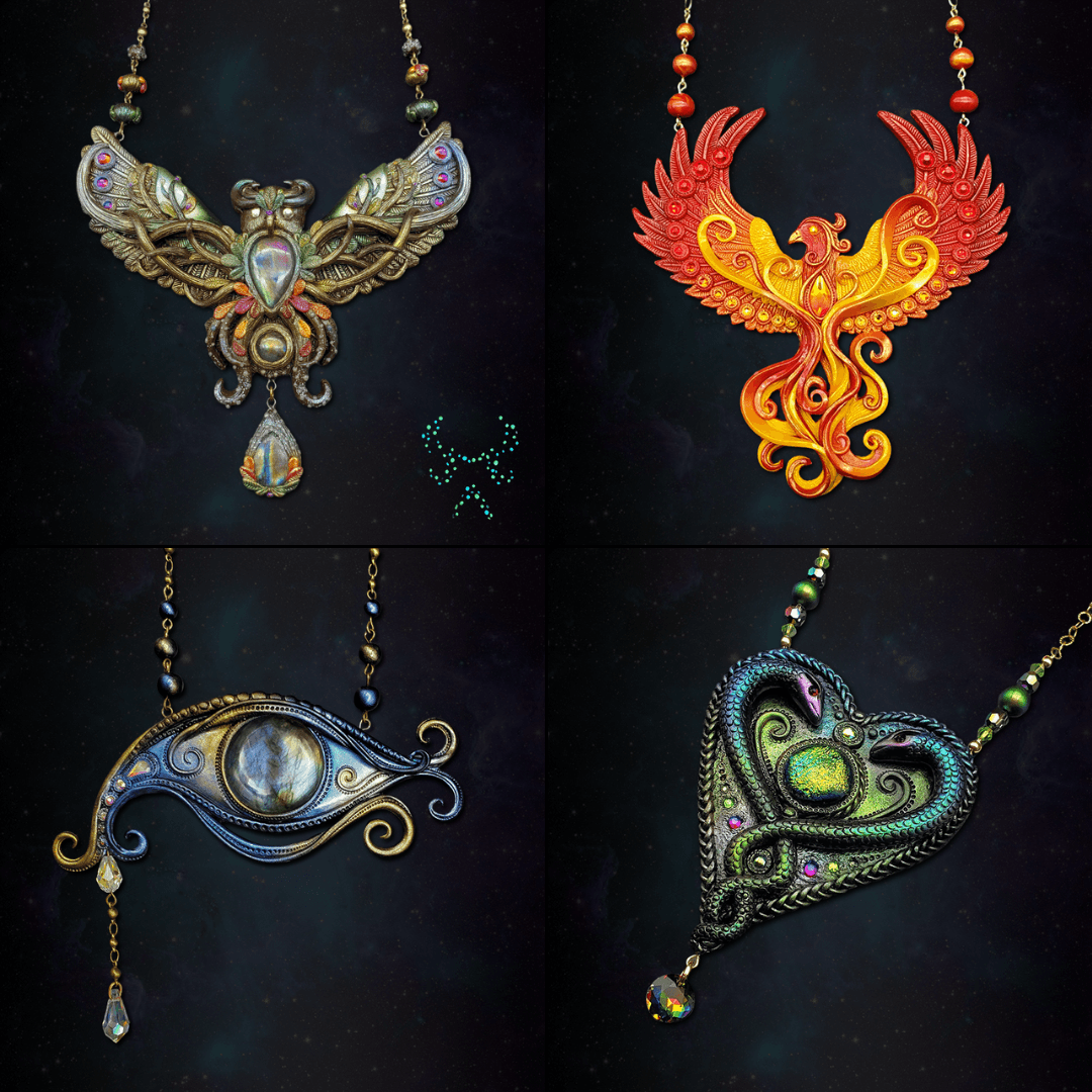 Four necklaces with intricate, colorful designs, each featuring unique shapes and patterns, displayed against a dark background.