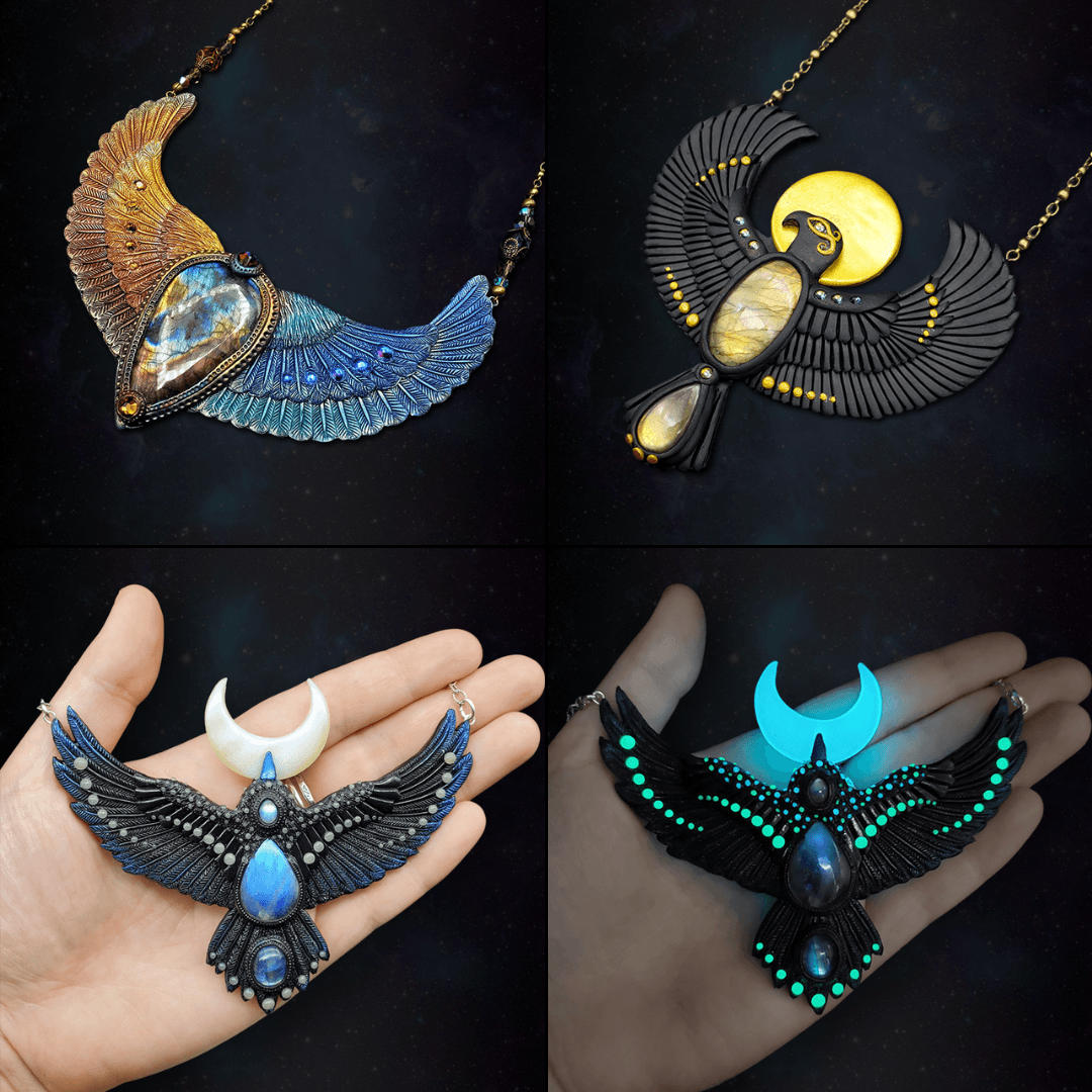 Four necklaces with intricate designs, including wings, crescent shapes, and glowing elements, displayed against dark backgrounds and on hands.