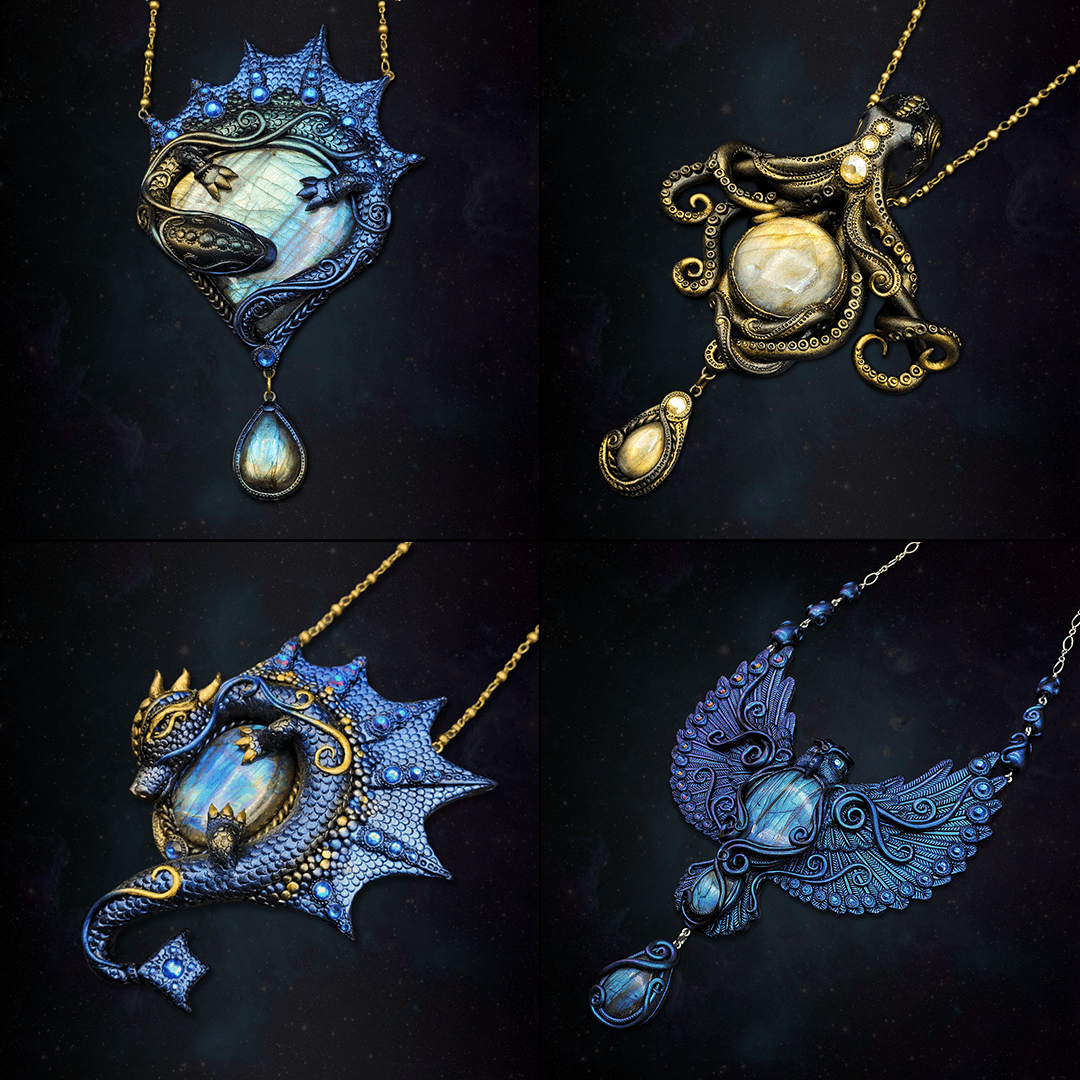 Four intricate necklaces with sea creature designs, including fish, octopus, and dragon, featuring blue, gold, and pearl accents.
