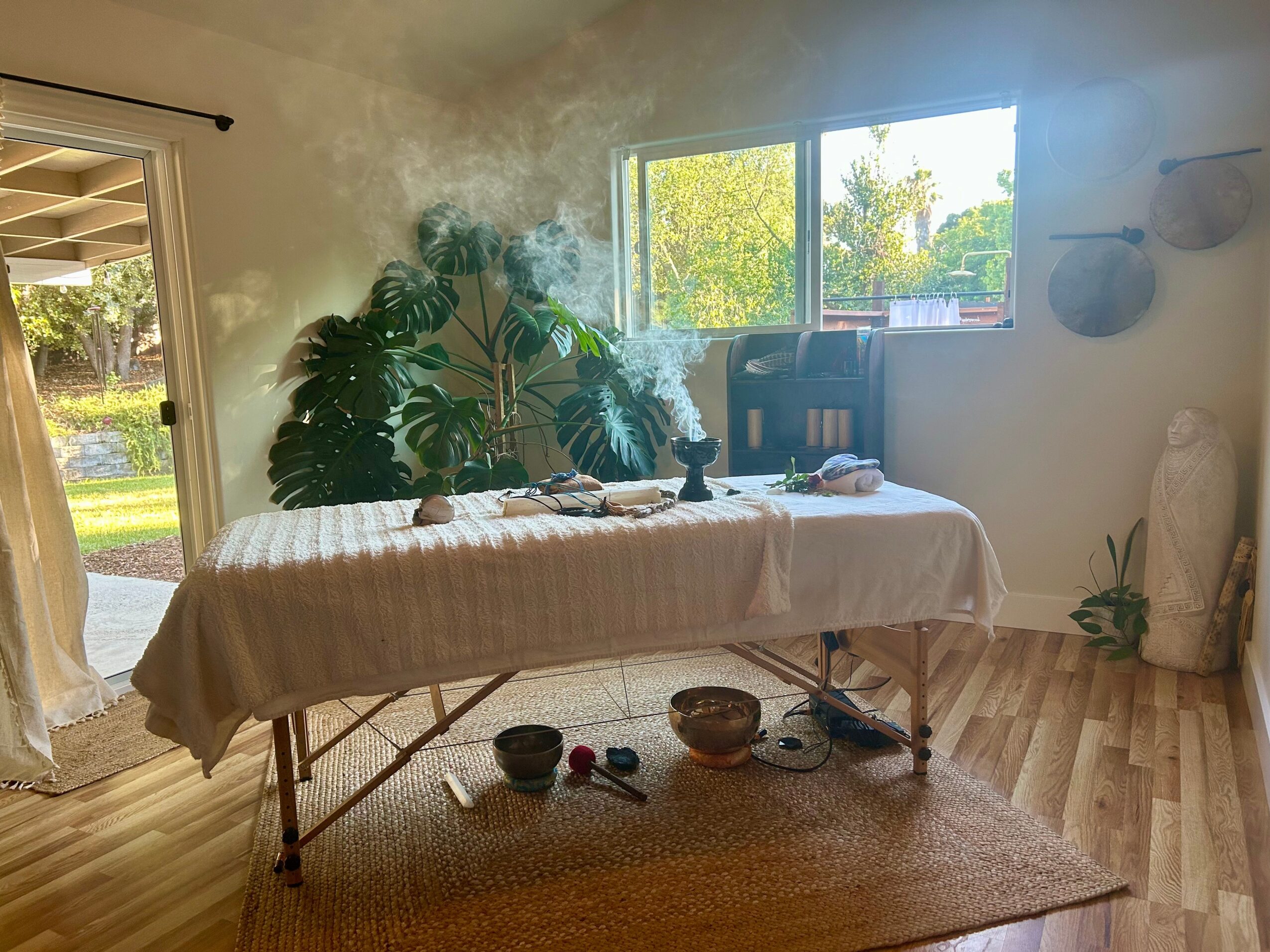 Room with a massage table, large window, plants, and hanging pots, sunlight streaming in, wooden floor, and a rug.