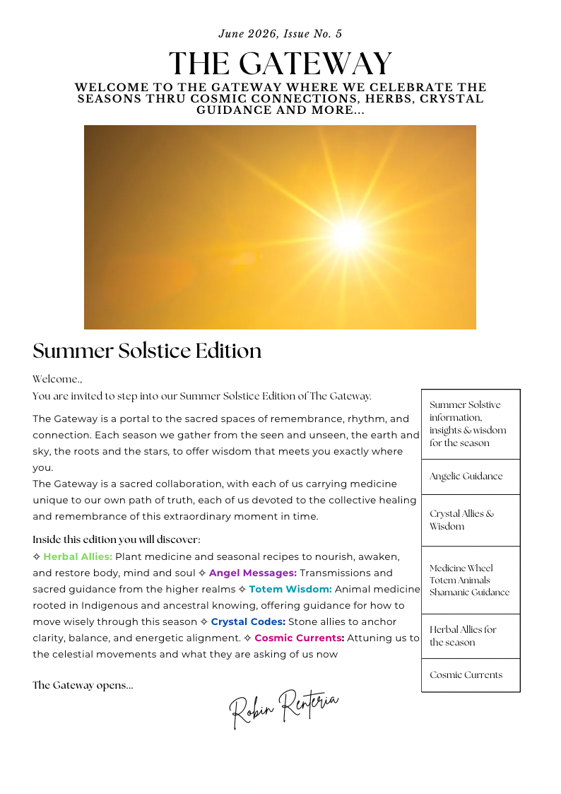 Sunshine over a yellow background with text about summer solstice edition and a welcome message.