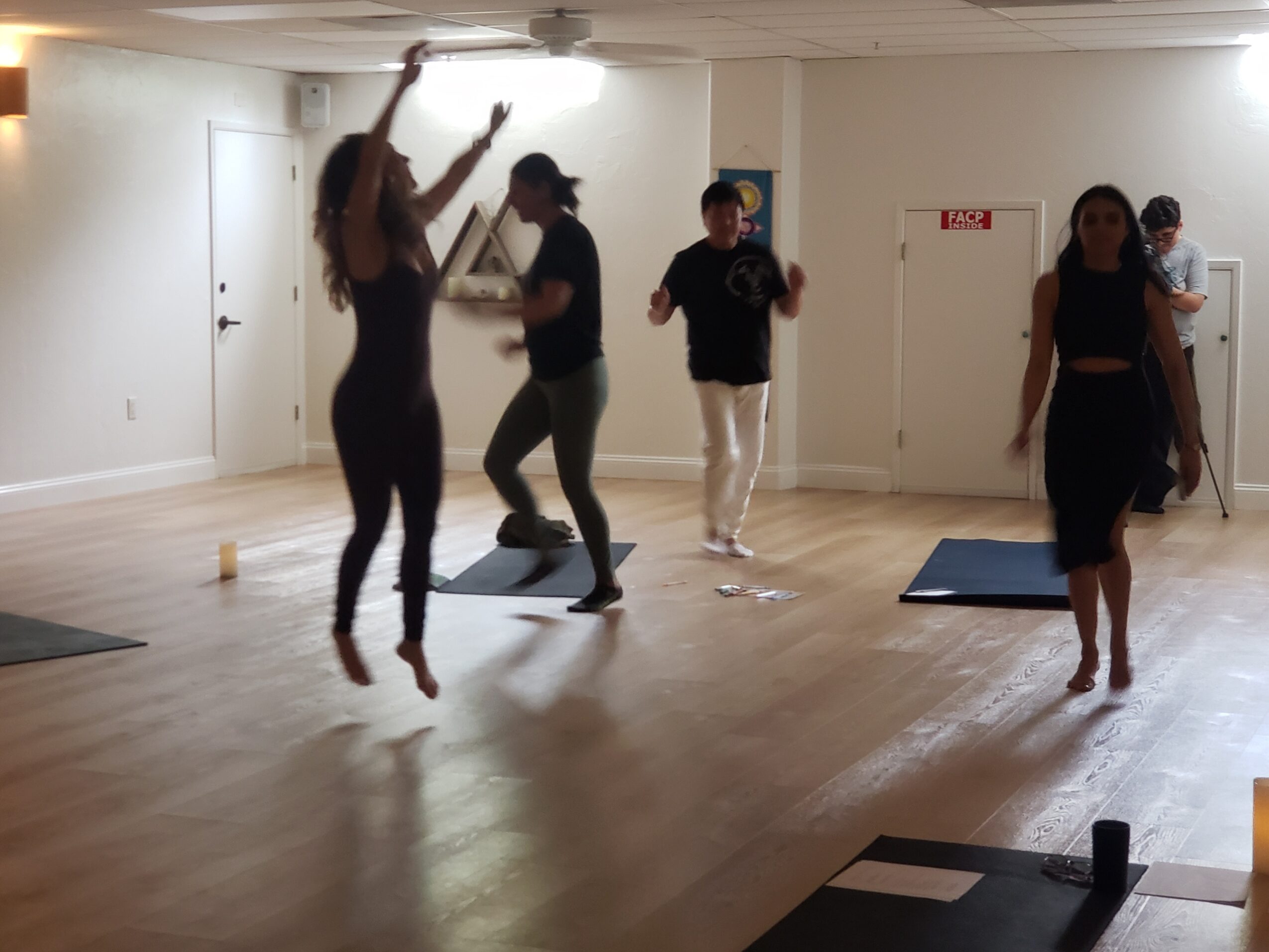 Group of people in a dance studio, some dancing and others observing, with mats on the floor and a wooden floor.