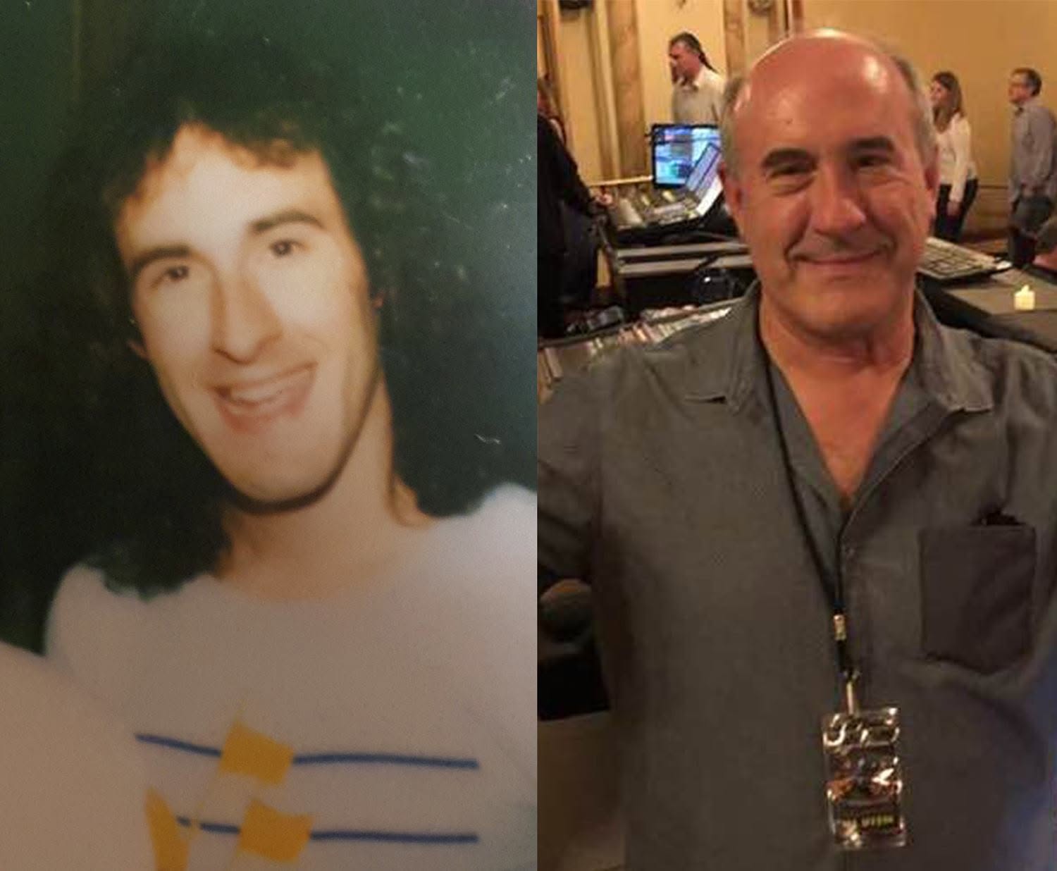 Two men, one with curly hair and a striped shirt, the other bald with a gray shirt, smiling indoors.