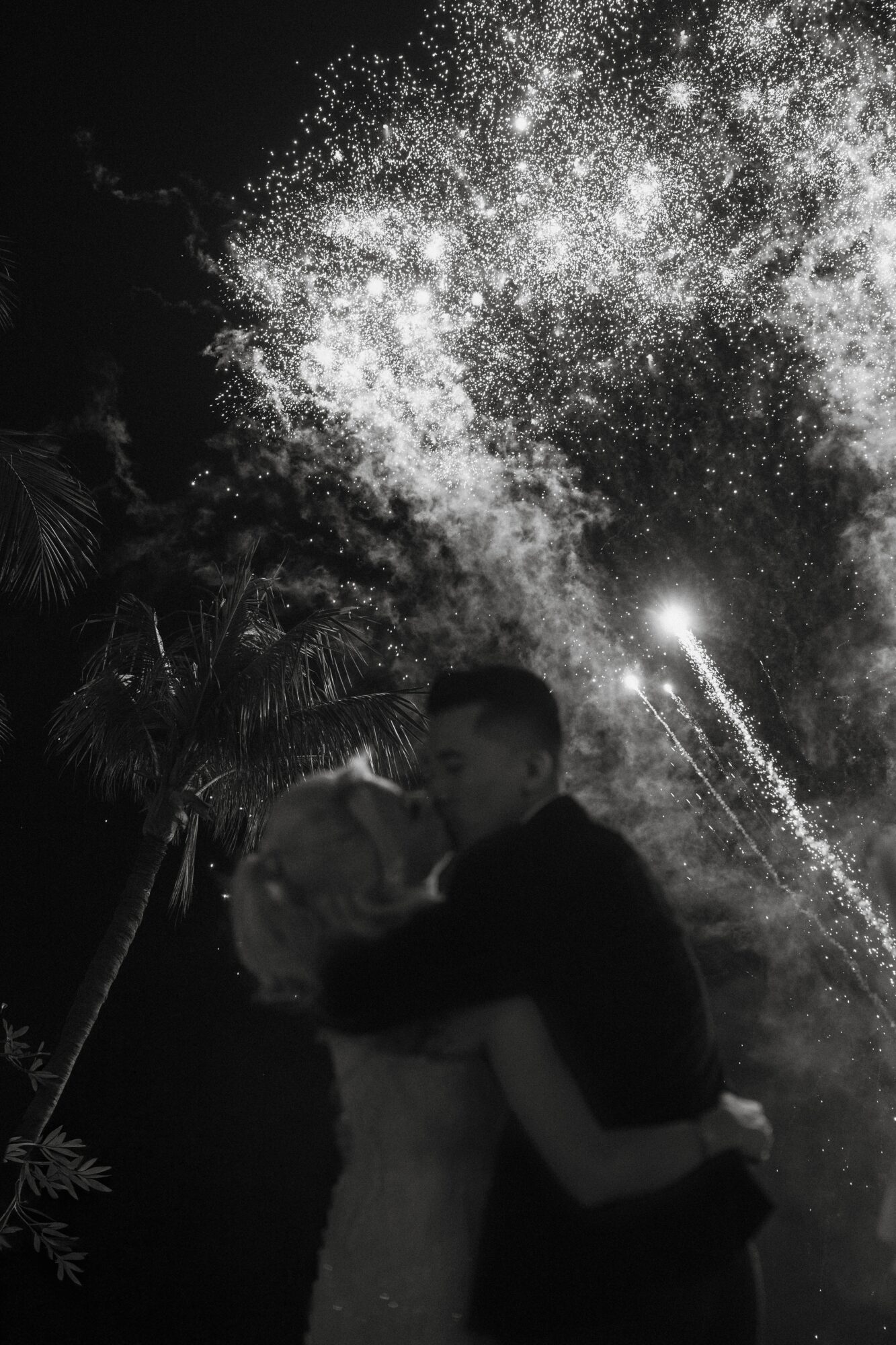 Person holding a child outdoors at night with fireworks in the sky, trees visible in the background.