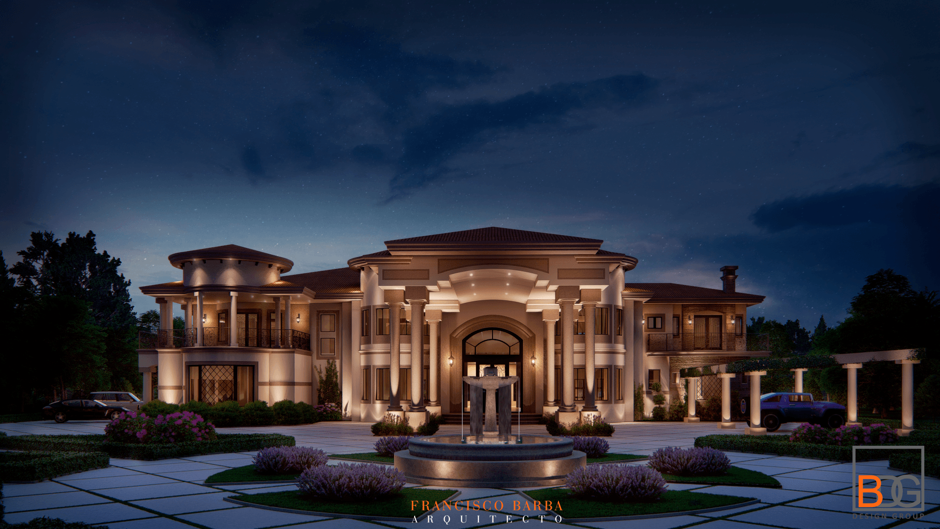Large illuminated mansion with columns and a fountain in front, under a dark sky, surrounded by landscaped gardens.