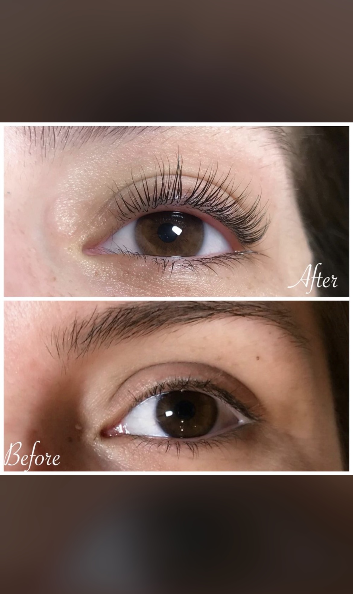 Close-up of eye before and after eyelash enhancement, showing longer, curled eyelashes in the after image.