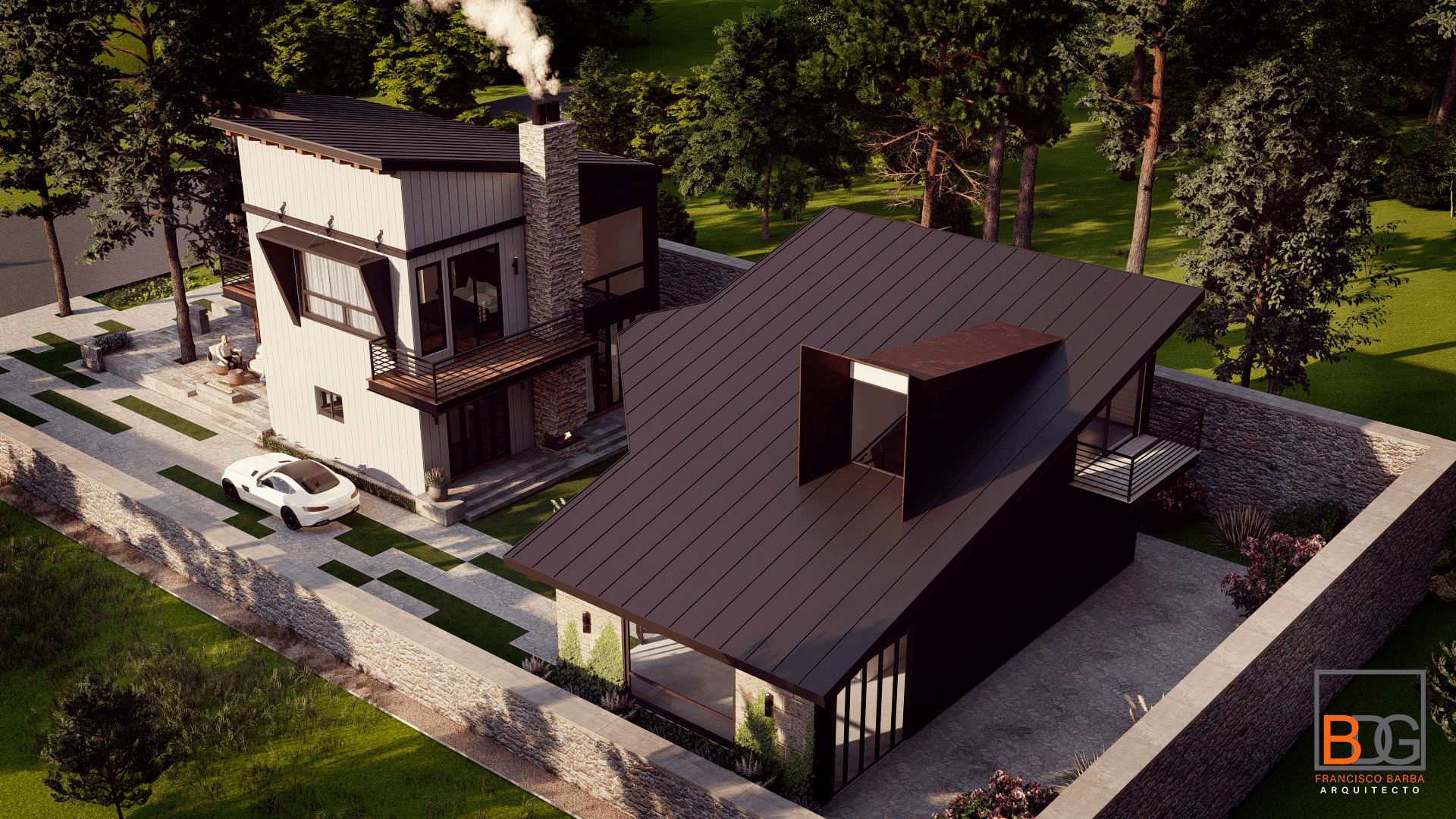 A modern two-story house with a large dark roof, surrounded by trees and a driveway with parked cars.