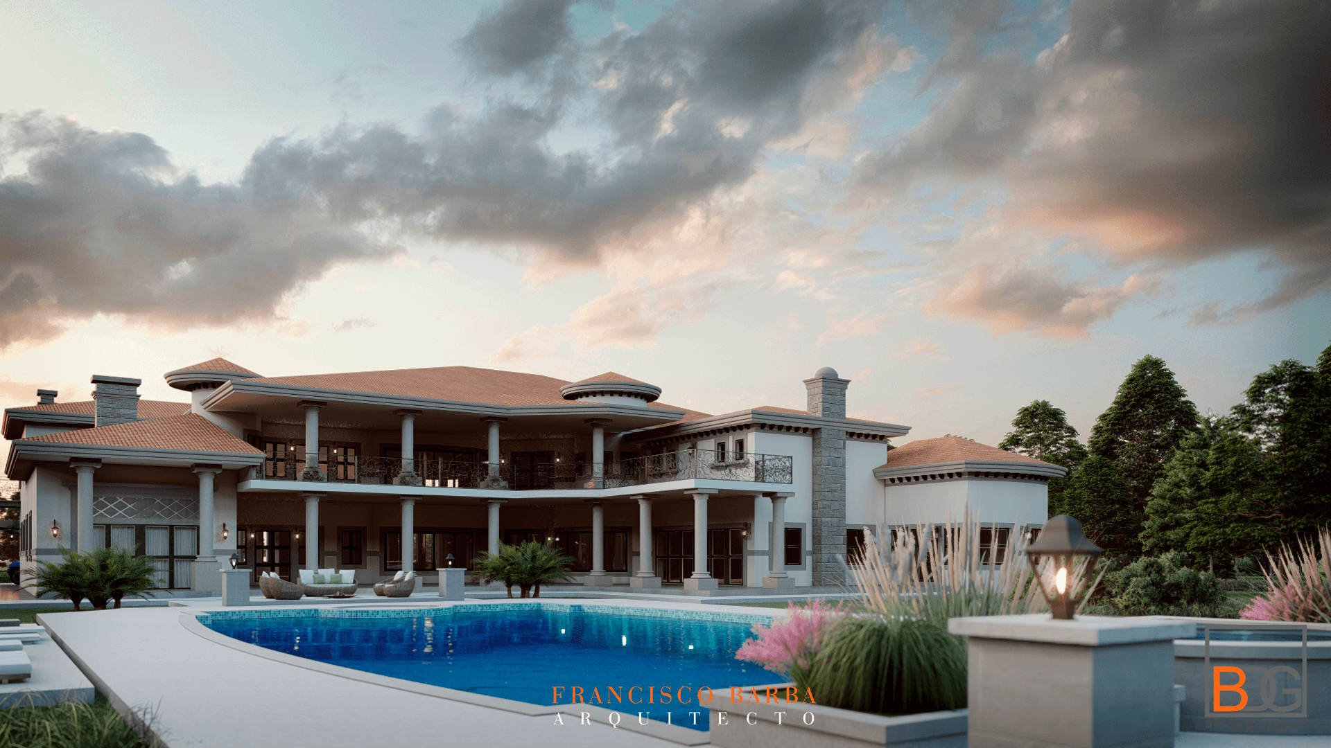 Large modern house with a swimming pool, surrounded by trees and a cloudy sky, during sunset or sunrise.