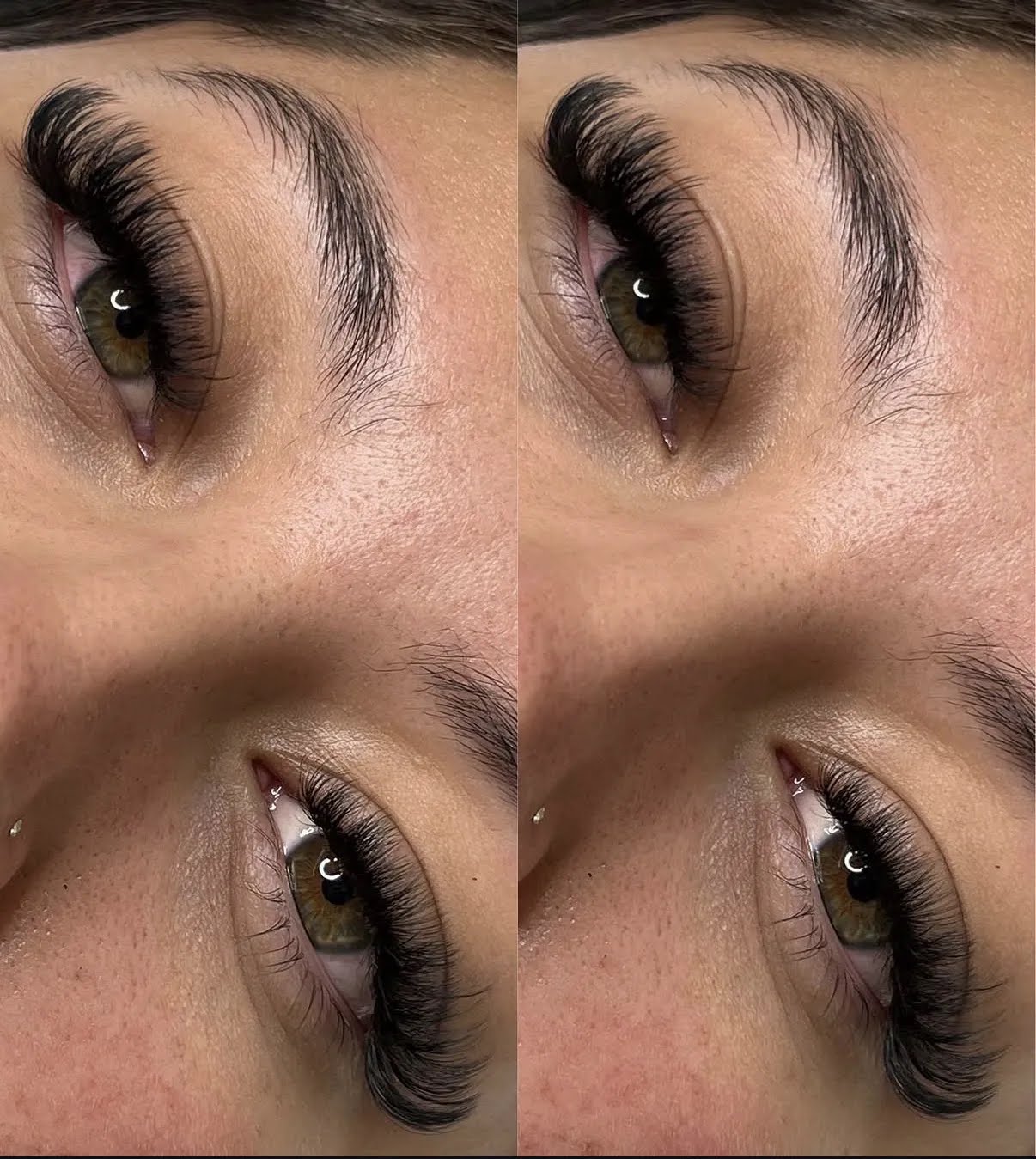 Close-up of a person's eye with long eyelashes and well-groomed eyebrows, shown from different angles.