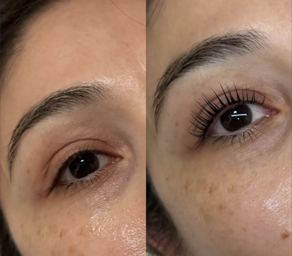 Close-up of a person's eye before and after makeup application, showing eyelash enhancement and skin details.