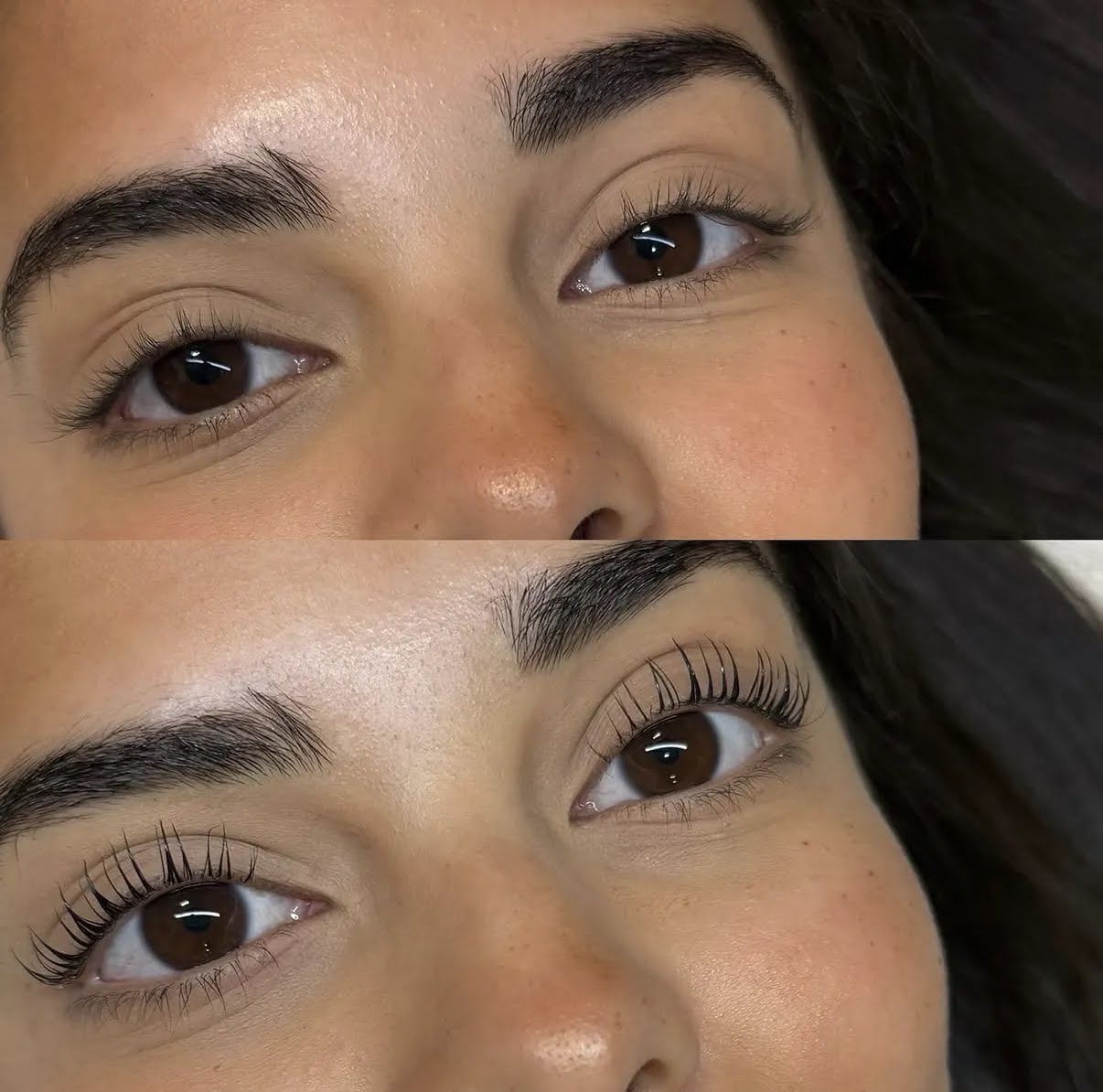 Close-up of a person's eyes before and after eyelash extension application, showing increased length and curl.