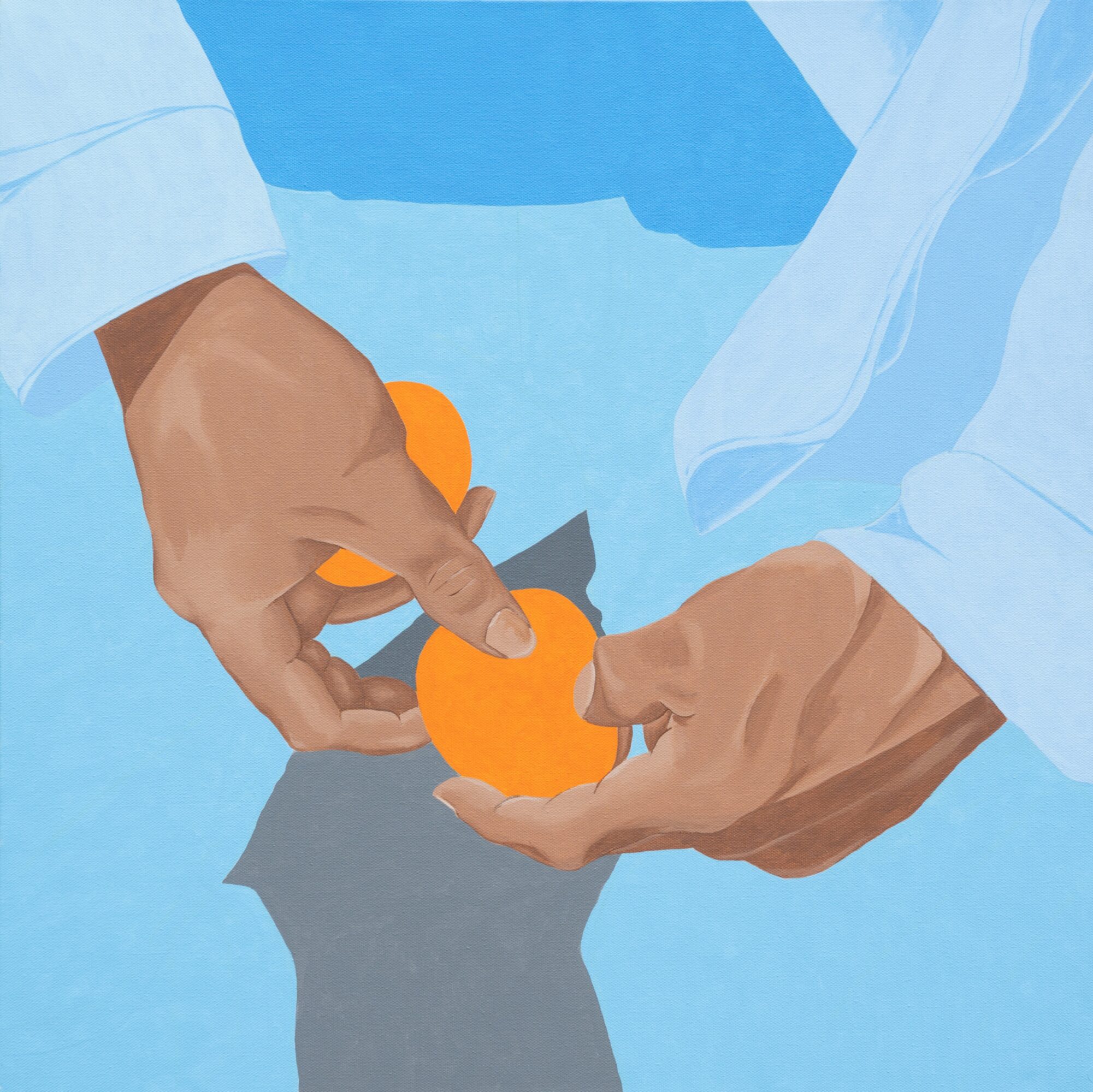 Two hands holding oranges, one hand with darker skin, the other with lighter skin, against a blue background.