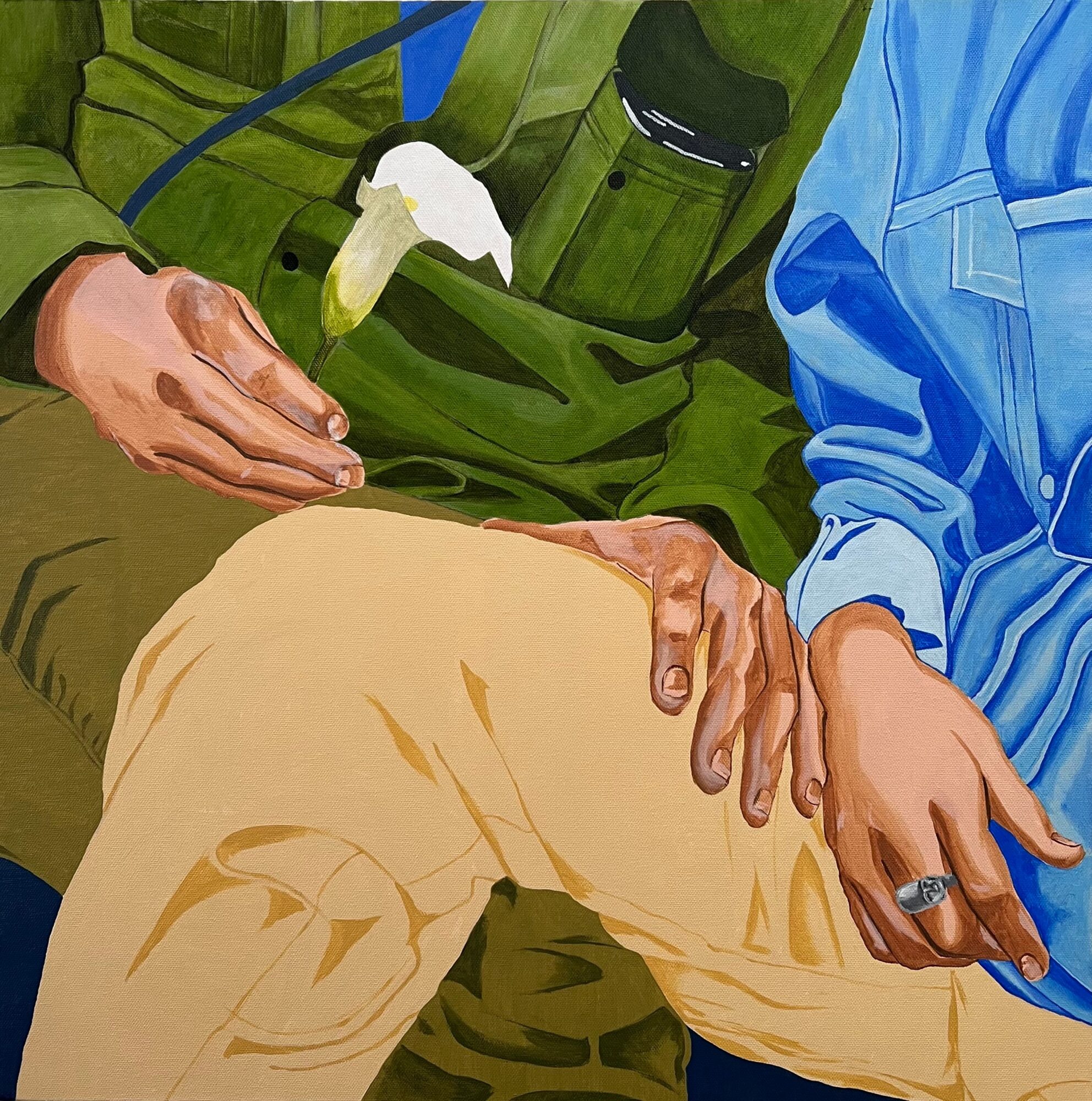 Two people sitting close, one with a hand on the other's knee, wearing colorful clothing, with a white flower in the background.