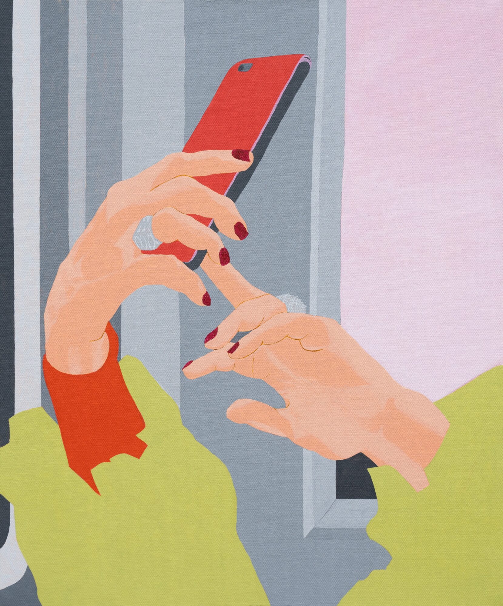 Two hands, one holding a red smartphone, the other reaching towards it, against a background of vertical gray and pink stripes.