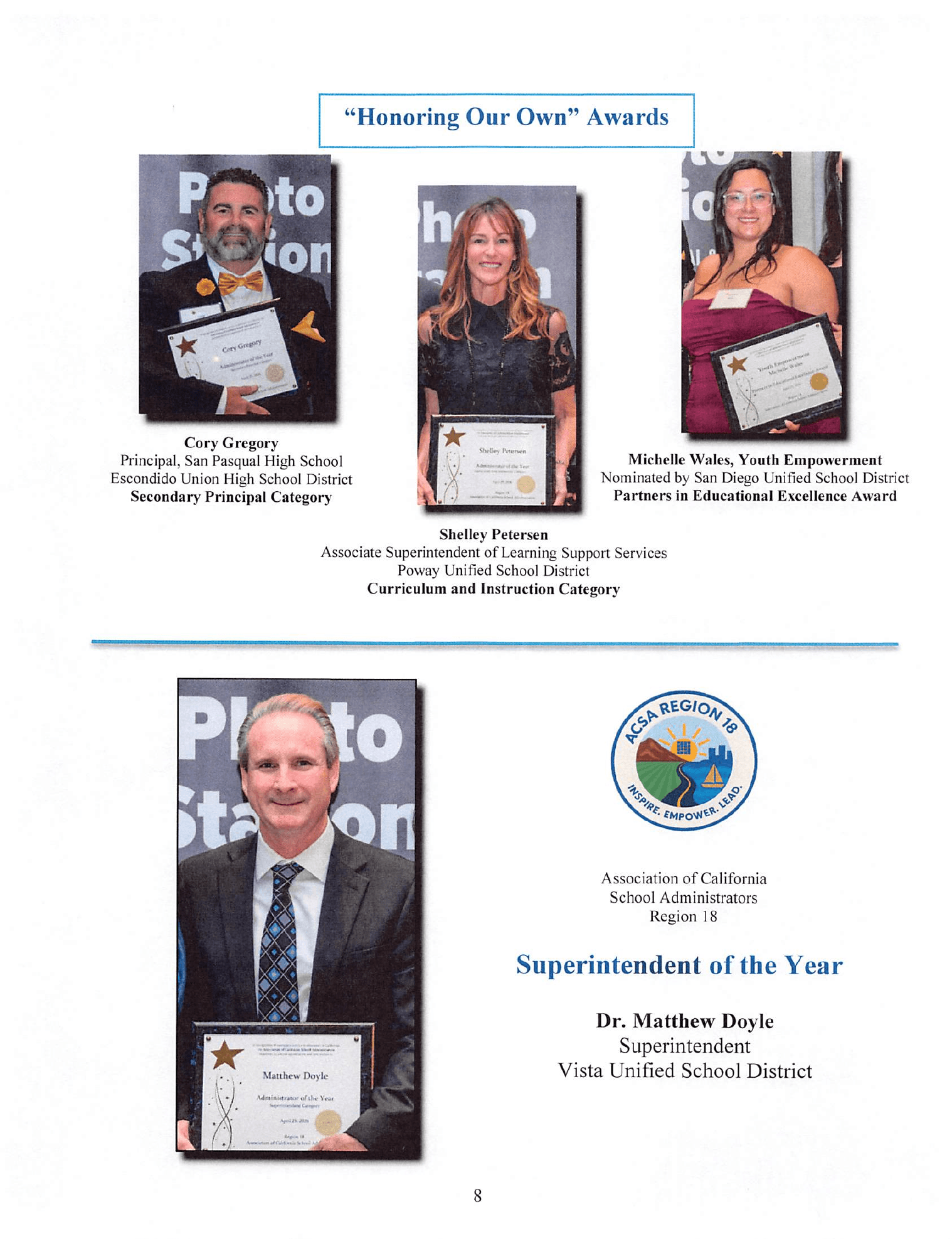 Three people holding awards, two women and one man, with certificates, and a man holding an award with a certificate, all smiling.