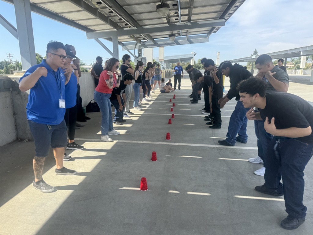 Group of people participating in an outdoor activity, standing in two lines facing each other with red cups between them.