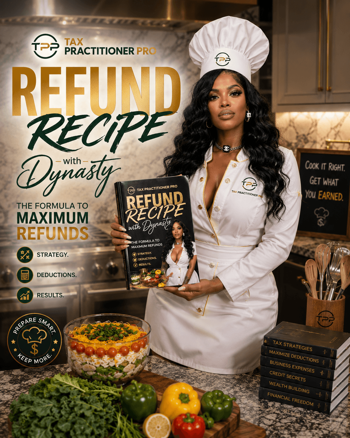 Woman in chef's hat and white coat holding a book in a kitchen, with a cake and ingredients on the counter, promoting a refund recipe guide.