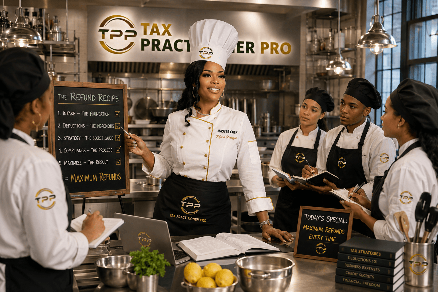 Chef in white uniform and hat teaching a cooking class to four students in a professional kitchen, with a blackboard and kitchen tools visible.