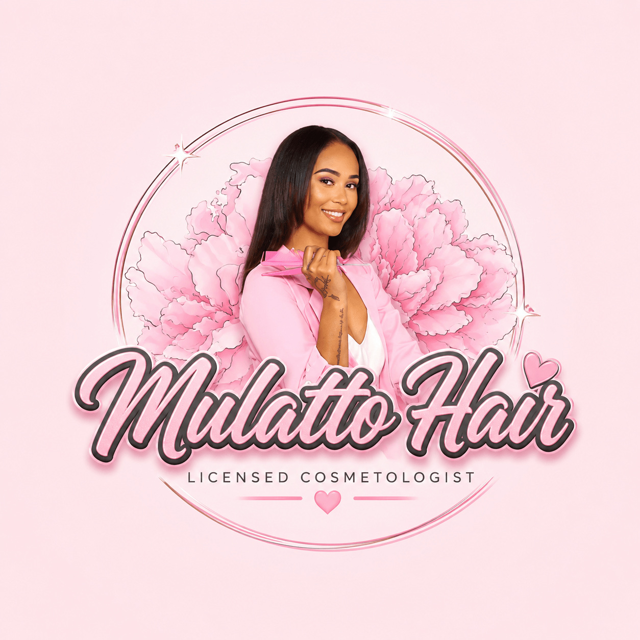 Smiling woman with long dark hair in pink hoodie, surrounded by pink flower, with text 'Mulatto Hair' and 'Licensed Cosmetologist'.