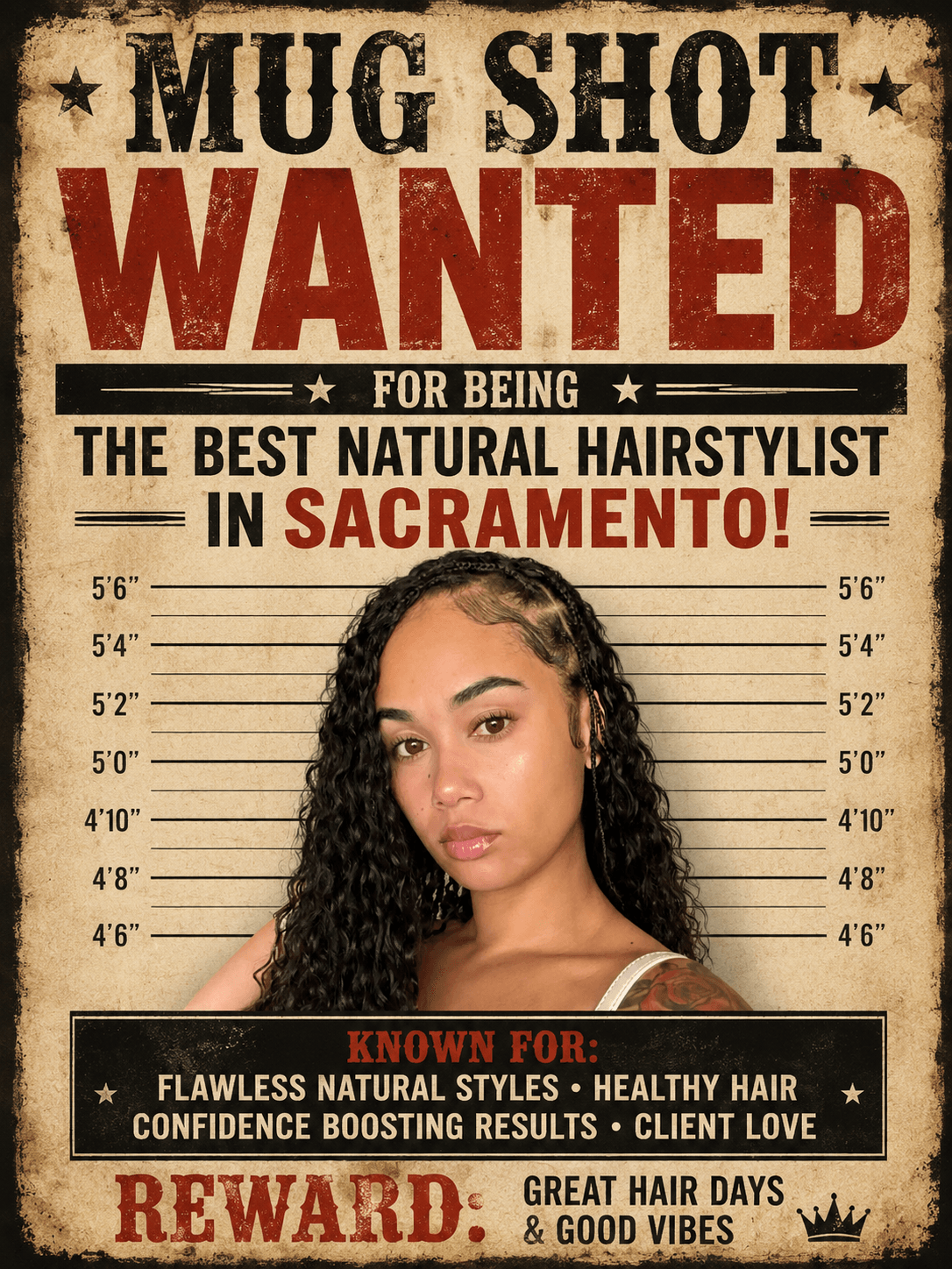 Young woman with curly hair in front of a height chart, wanted poster for a natural hairstylist in Sacramento, reward offered.