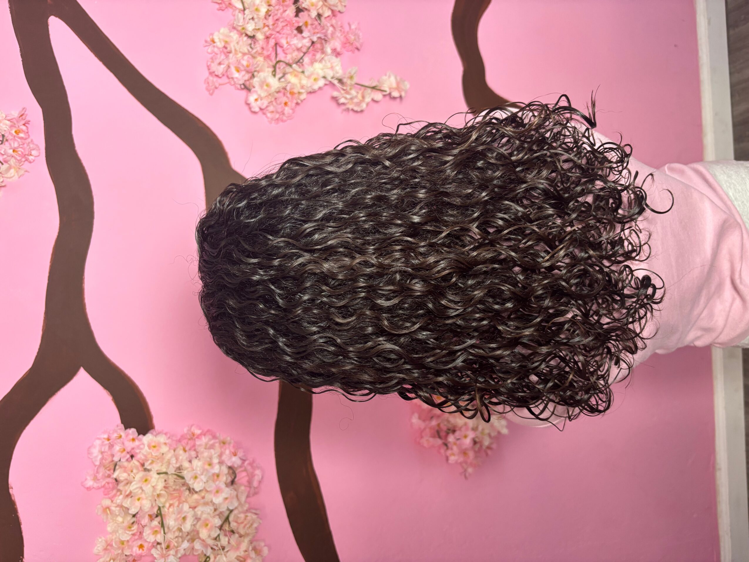 Person with curly hair facing away, standing in front of a pink wall with tree branch and flower mural