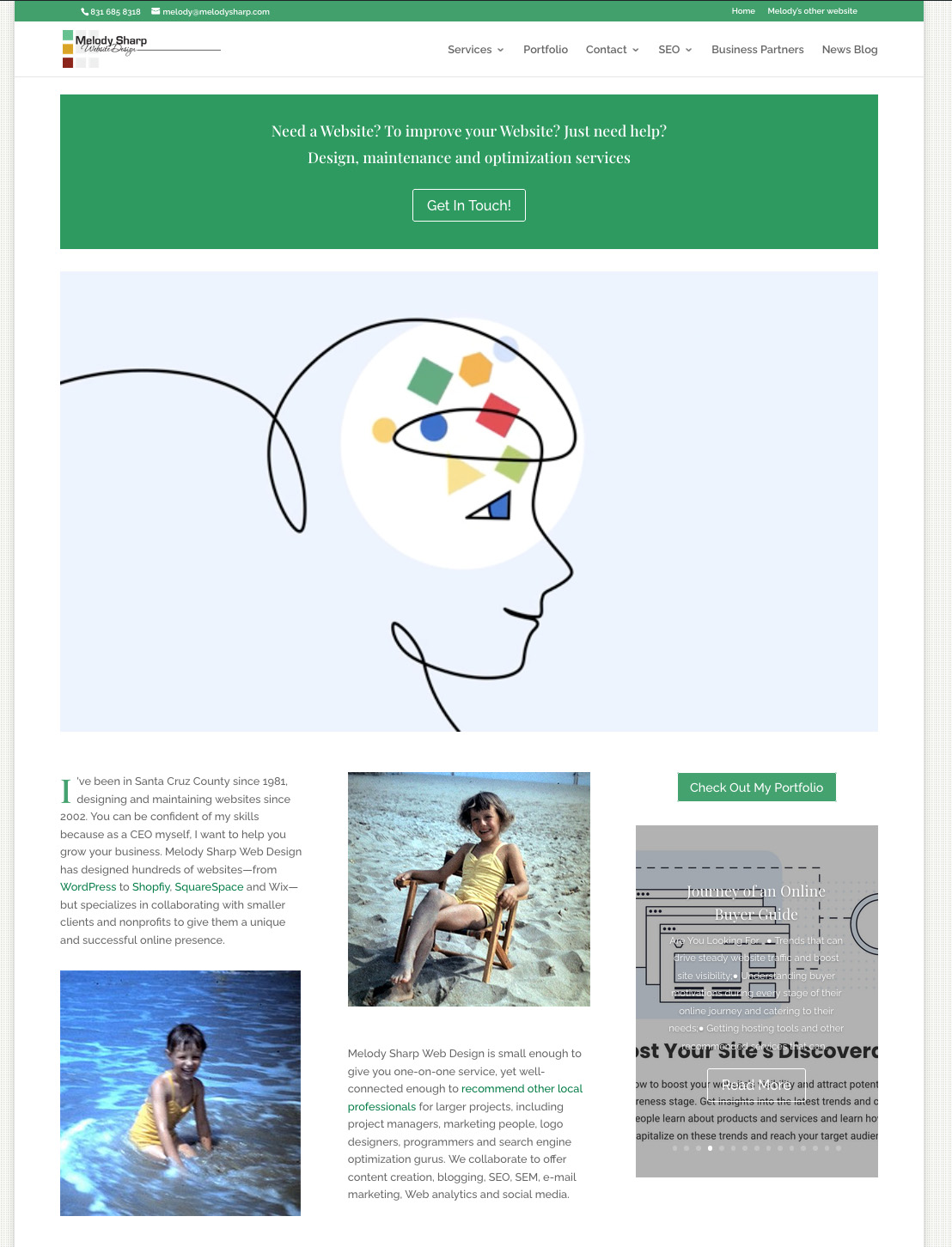 Outline of a person's head with colorful geometric shapes inside, two children sitting outdoors, and a diagram of a website layout.