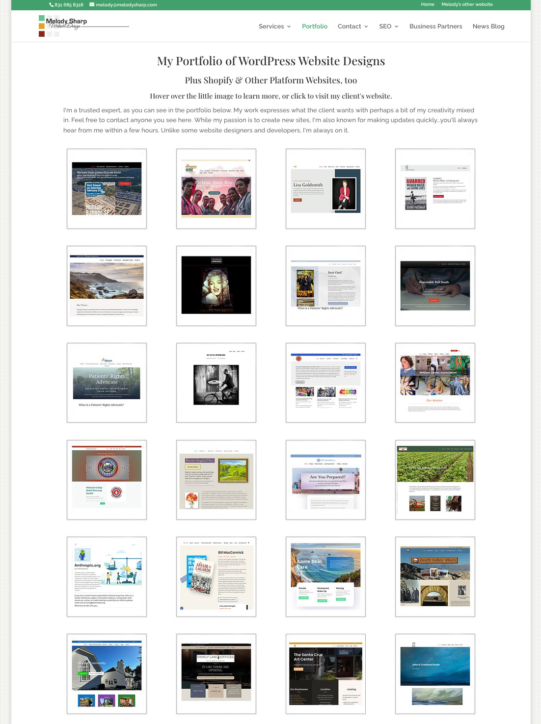 Screenshot of a webpage titled 'My Portfolio of WordPress Website Designs' displaying multiple website thumbnails in a grid.