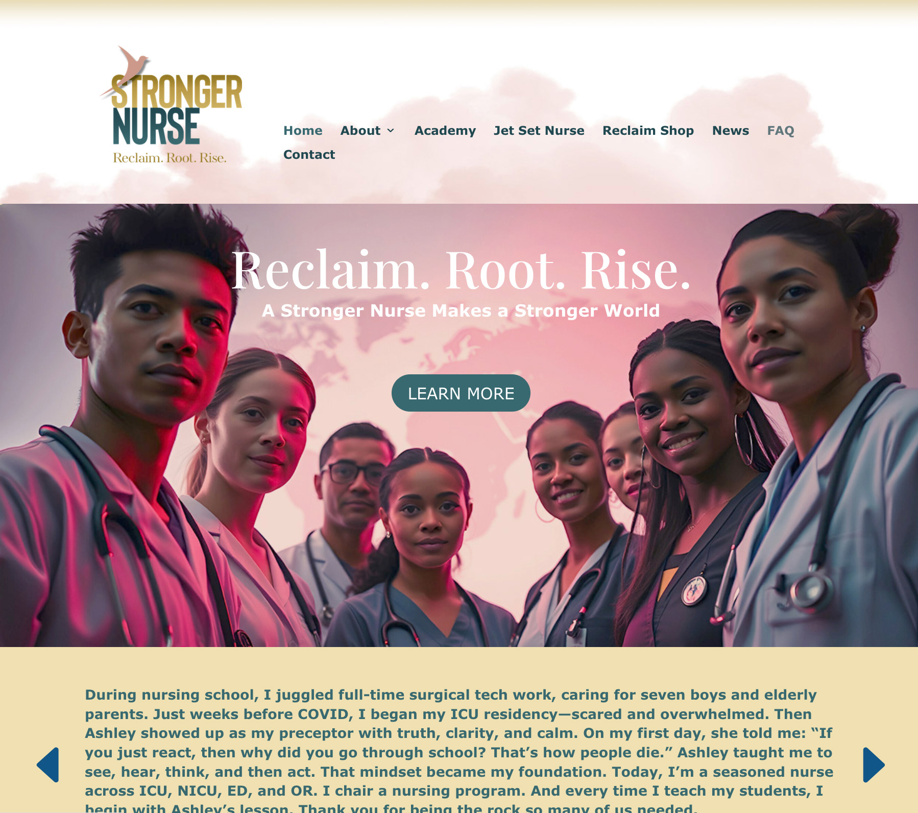 Group of diverse nurses in scrubs smiling, with text about reclaiming and empowering nurses, and a learn more button.