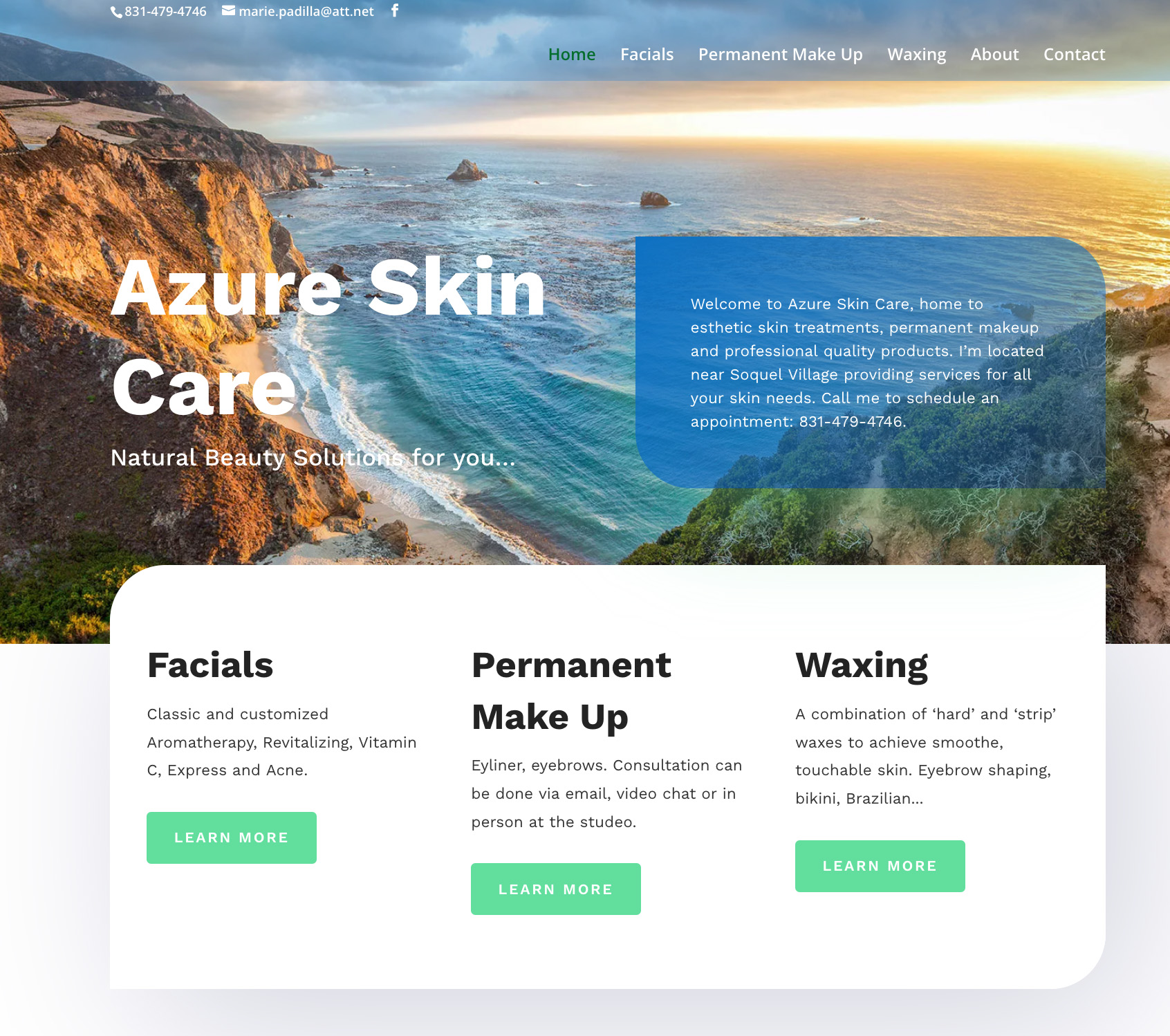 Coastal landscape with cliffs and ocean at sunset, overlaid with website content about skin care services.