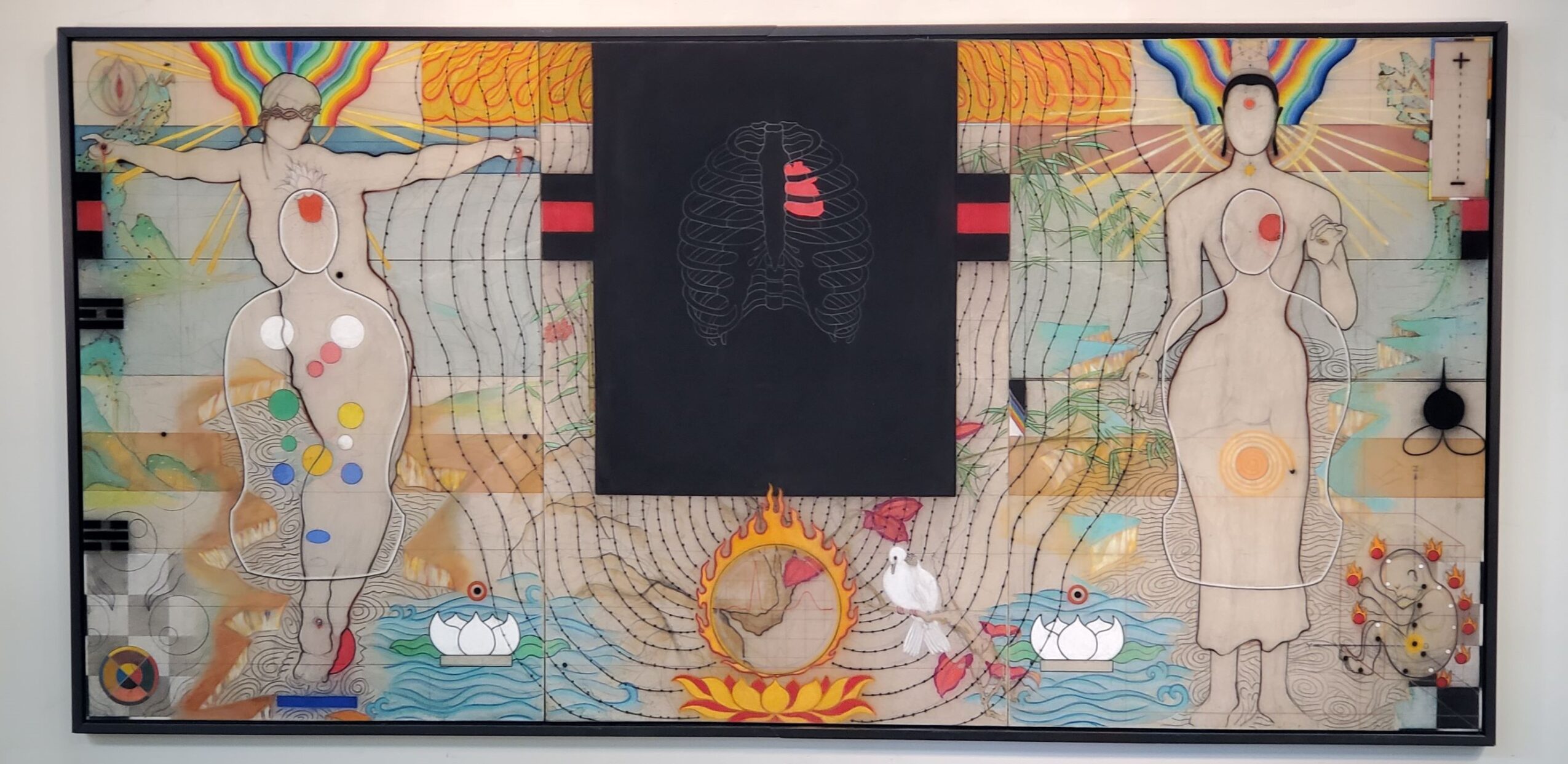 Three abstract female figures with colorful patterns and symbols, central black panel with red and pink elements, and a decorative background.