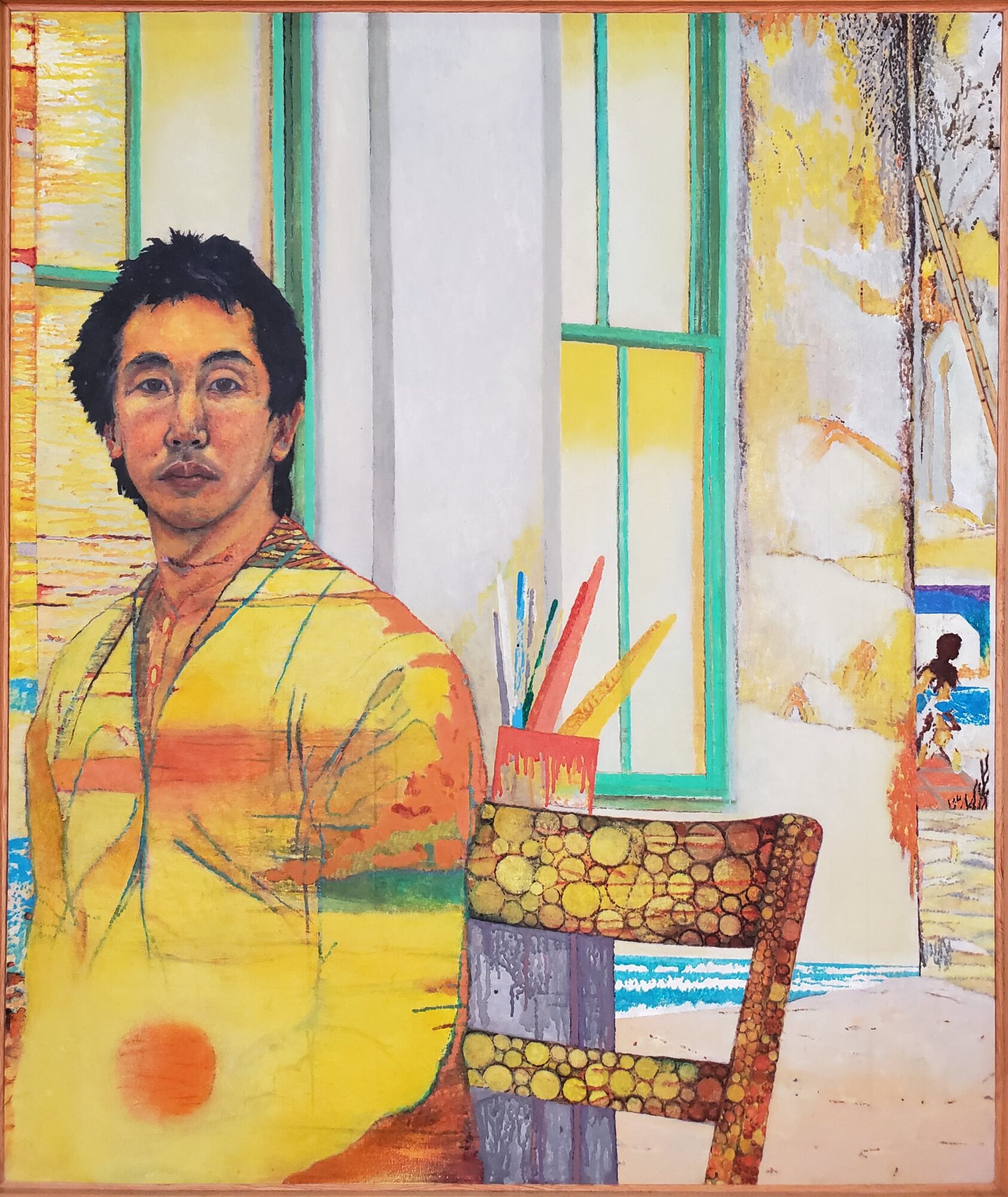 Painting of a person with short dark hair, wearing a yellow shirt, standing near a colorful window and a chair.