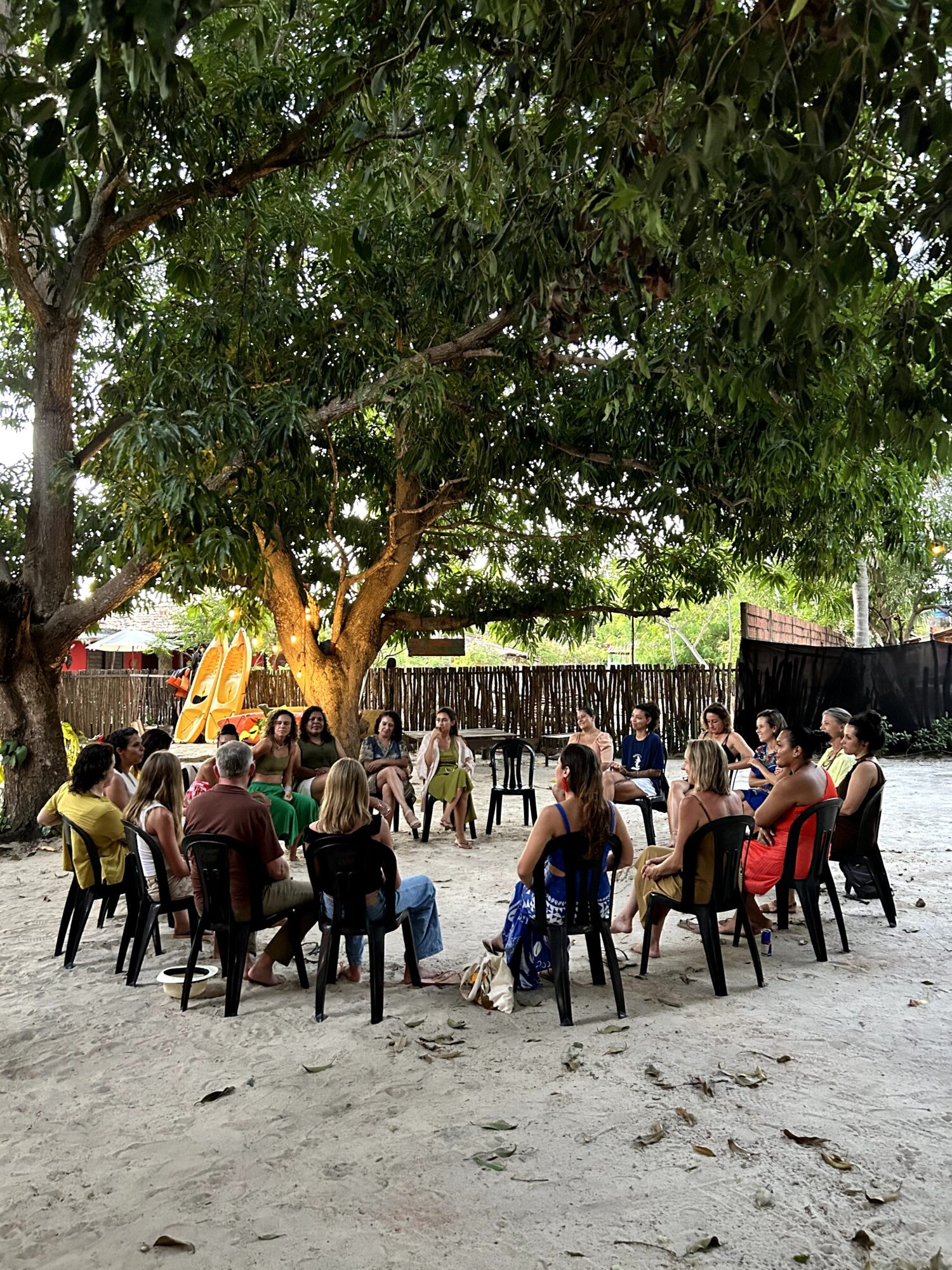 Group of people sitting on chairs outdoors under a large tree, with a playground in the background.