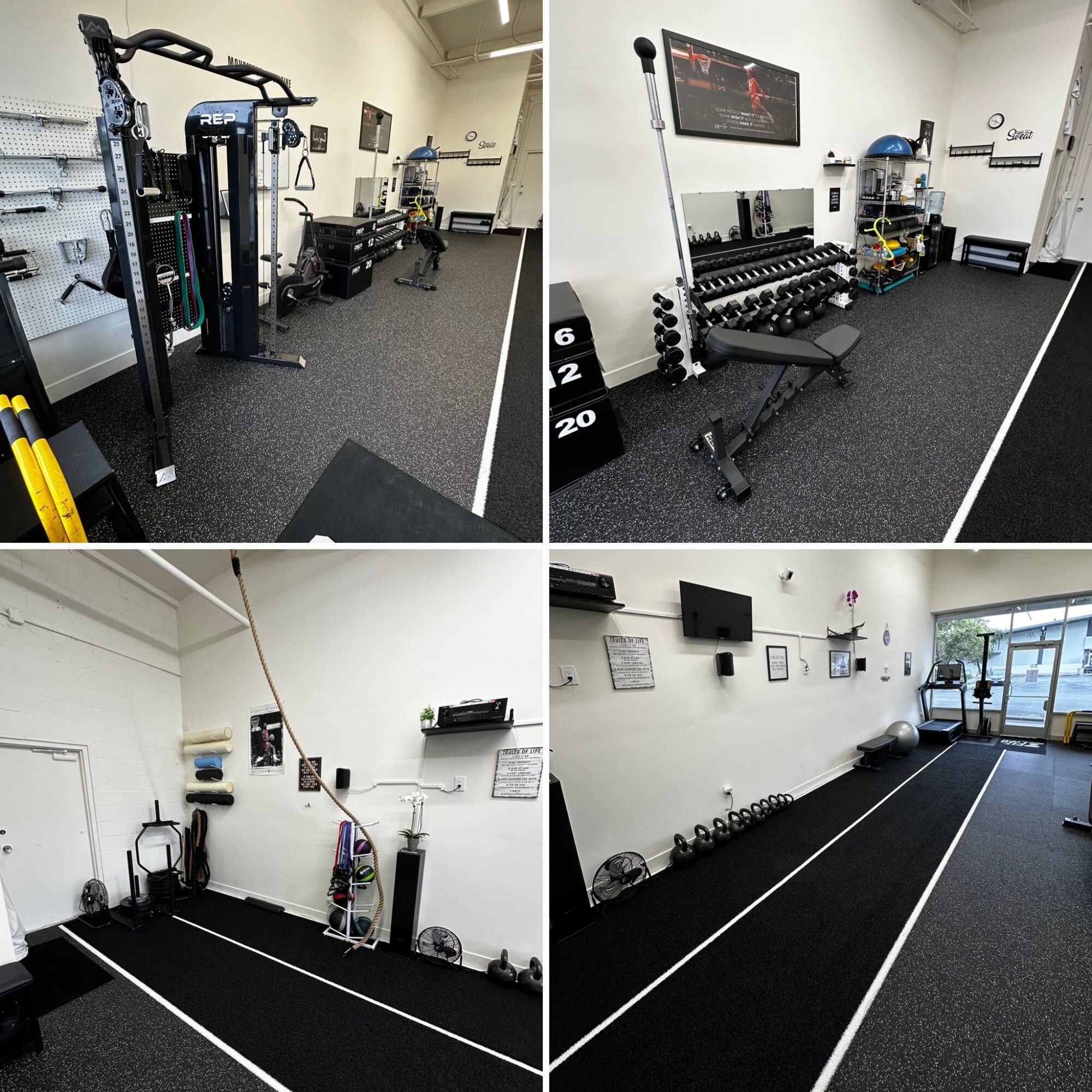 Four images of gym equipment and workout areas, including weight machines, dumbbells, and open workout space, with white walls and black flooring.