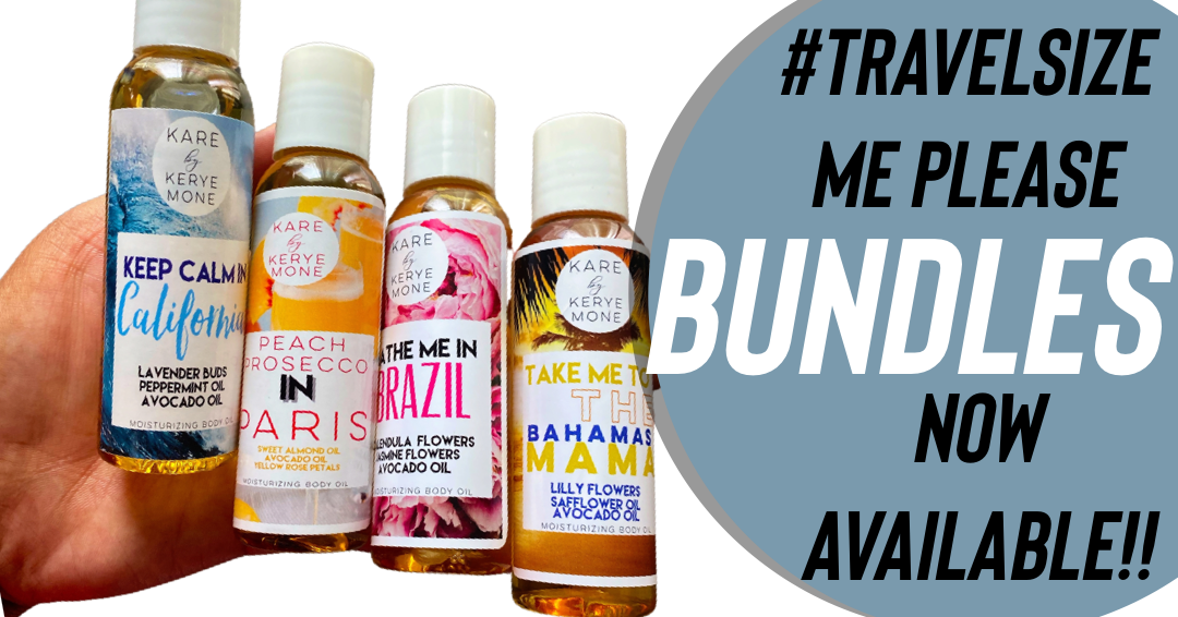 Six small bottles of travel-sized products with labels, and a blue circle with text about bundles availability.